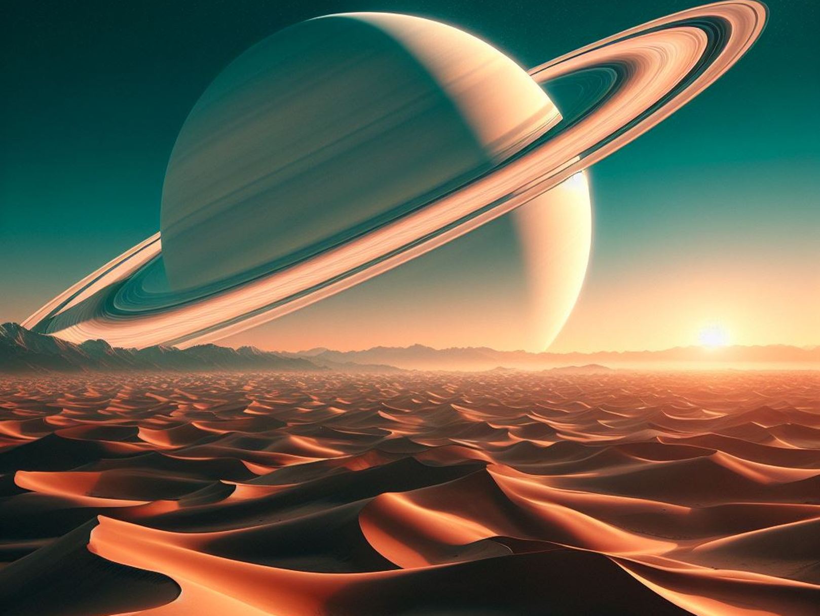 Une vue de Saturne à partir des dunes de sable de Titan. © IA BING Designer Microsoft Corporation (image générée avec IA)