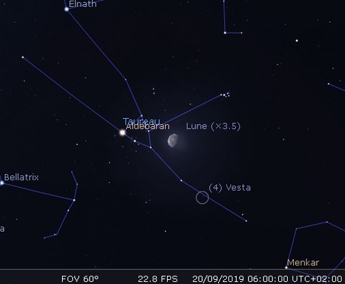 La Lune en rapprochement avec les Pléiades, Aldébaran et Vesta
