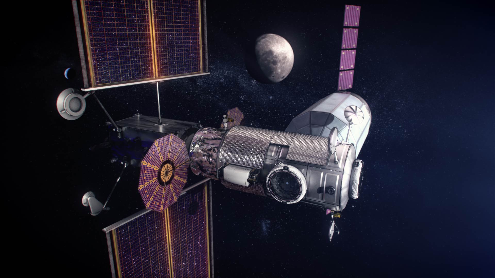 Vue conceptuelle de la station spatiale Gateway telle qu'elle devrait apparaître en 2024. © Nasa