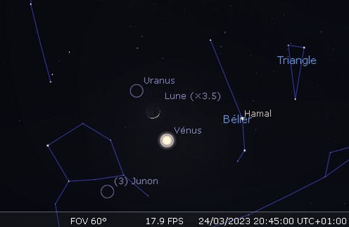 La Lune en rapprochement avec Vénus et Uranus