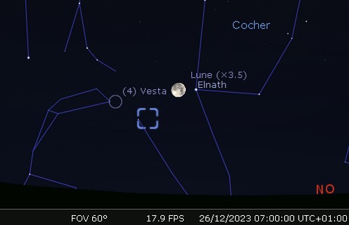 La Lune en rapprochement avec Elnath, Vesta et la nébuleuse du Crabe