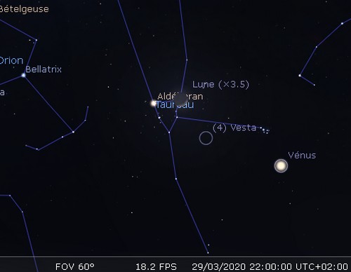 La Lune en rapprochement avec Aldébaran et Vesta