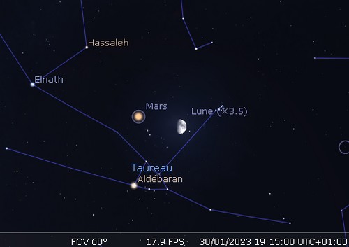 La Lune en rapprochement avec les Pléiades, Mars et Aldébaran