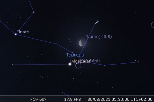 La Lune en rapprochement avec les Pléiades, Aldébaran et Cérès