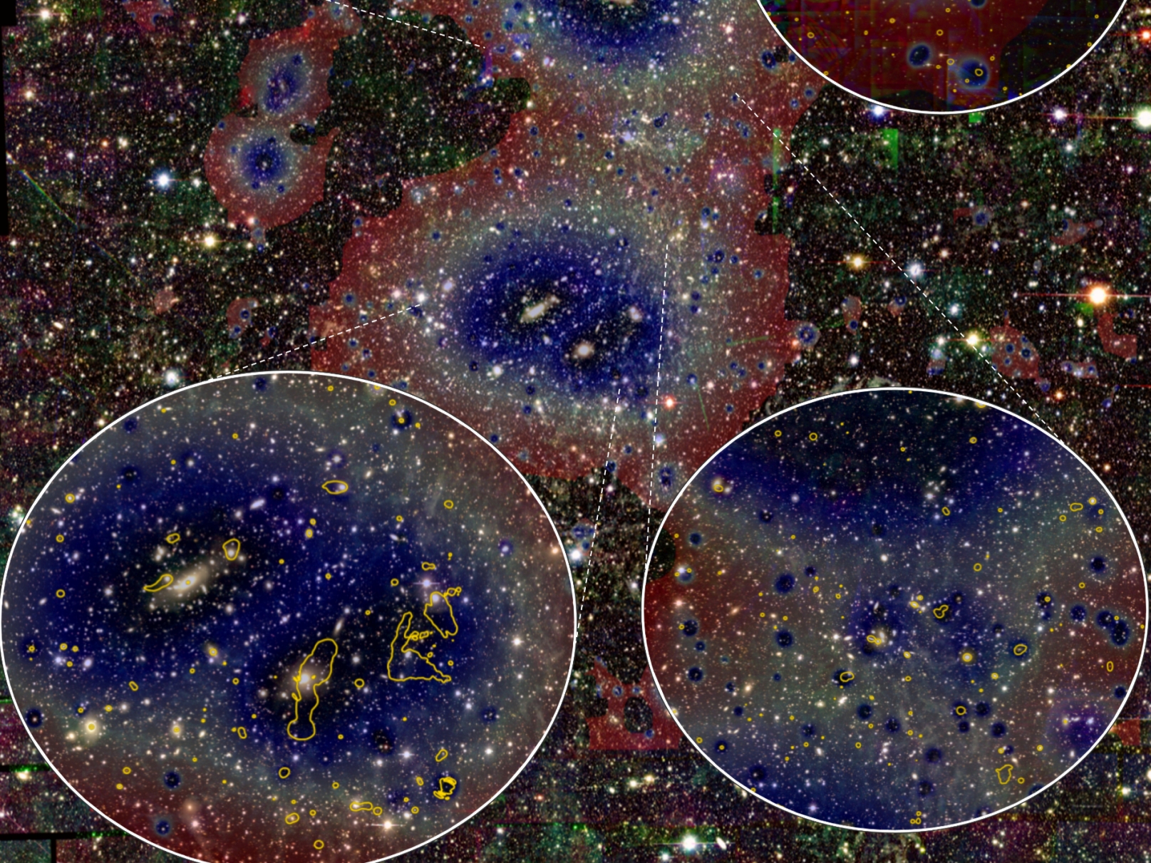 Image dans le visible du système Abell 3391/95 prise avec la caméra DECam. Les images de&nbsp;eRosita (plus sombre = densité de gaz plus élevée) et celles des contours radio (jaune) du télescope Askap&nbsp;sont superposés.&nbsp;© Reiprich et al., Astronomy &amp; Astrophysics