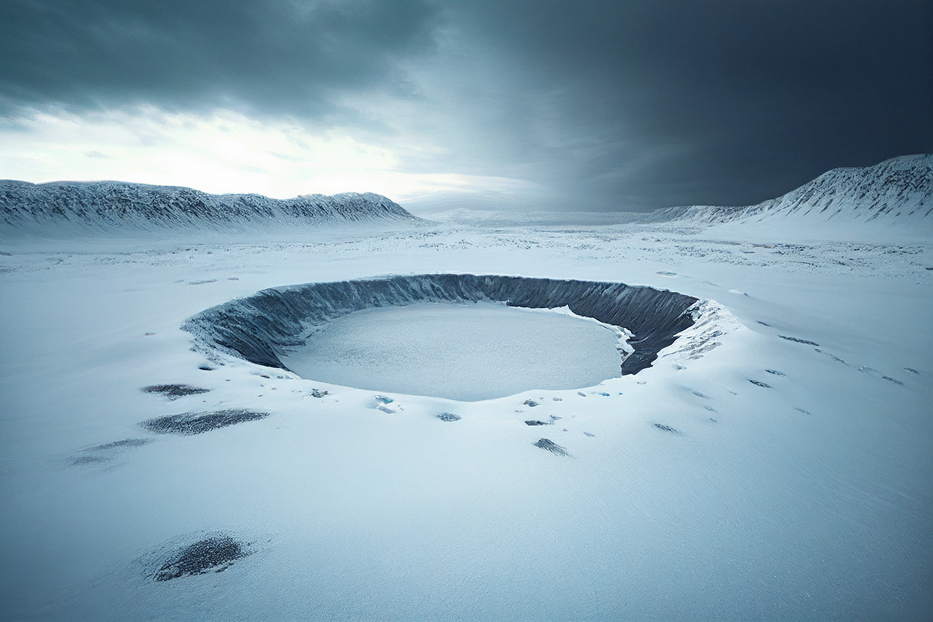 La couleur sombre des météorites réchauffe la glace autour d'elles et les fait s'enfoncer en profondeur. © AI Inspire, Adobe Stock