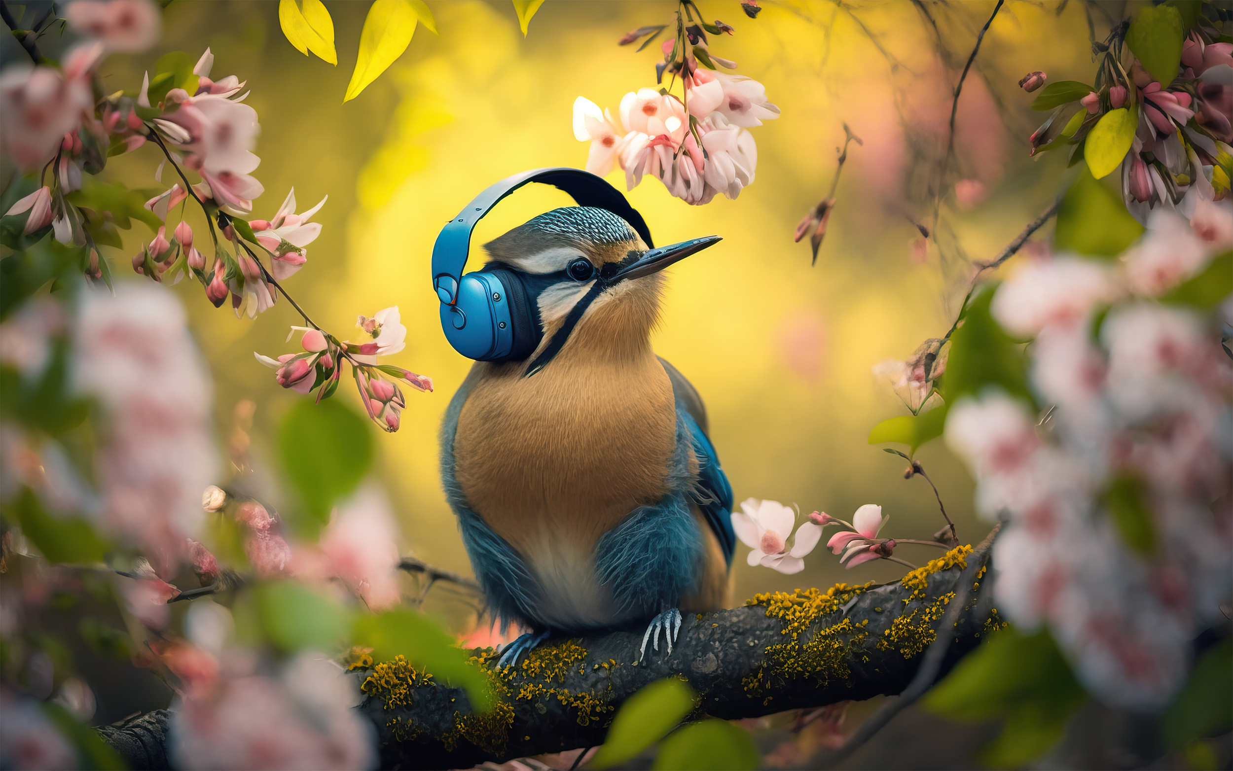 Un oiseau perché sur une branche de cerisier porte des écouteurs. © Adobe Stock, finwal89