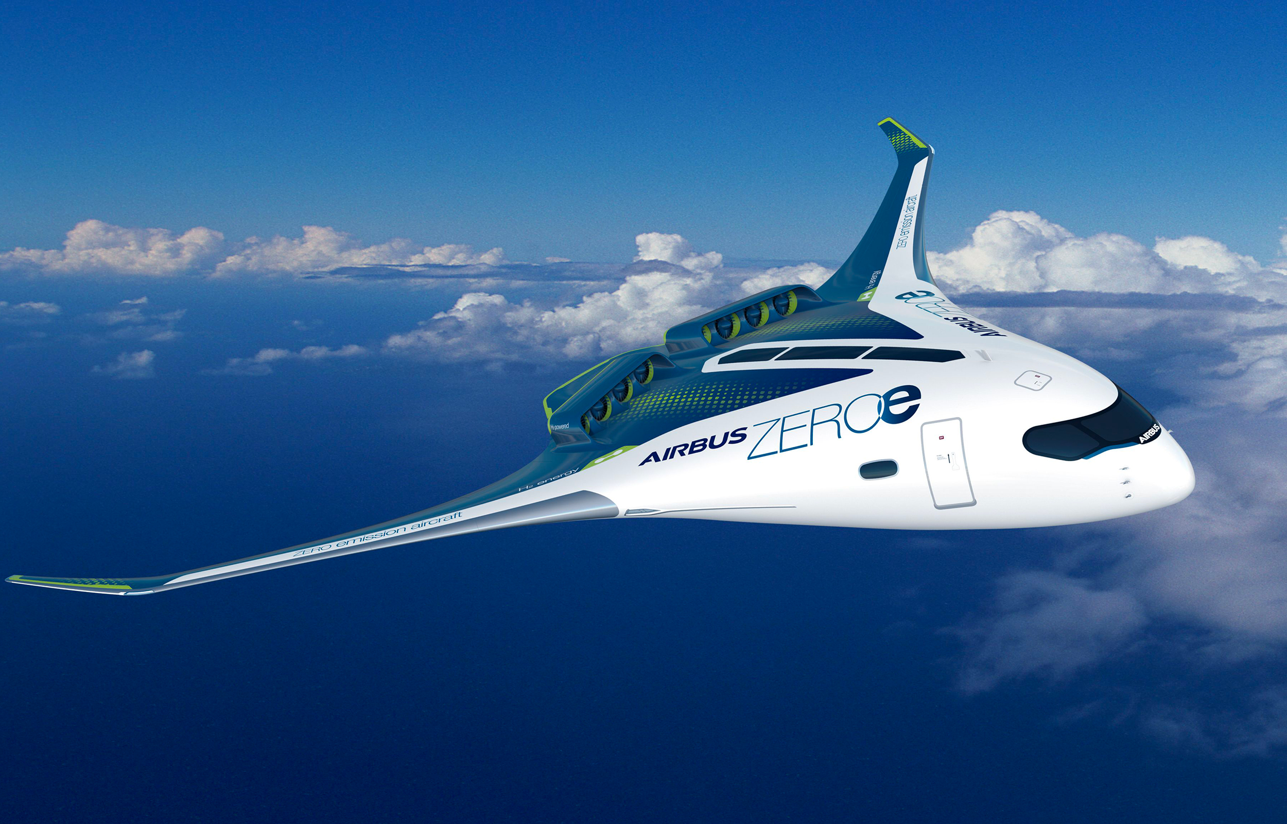 Concept d'aile volante à l'étude (Blended Wing Body, BWB) propulsée par des moteurs fonctionnant à l'hydrogène. © Airbus&nbsp;