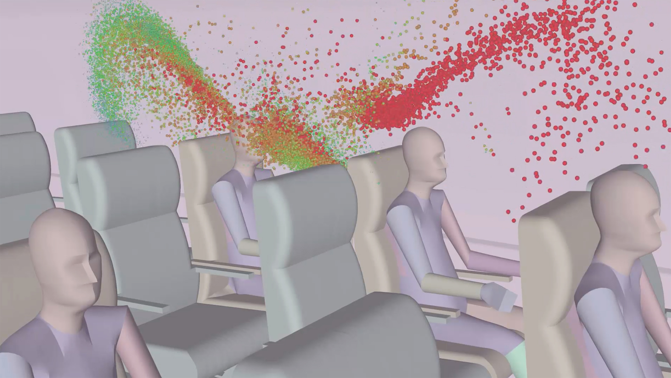 Simulation réalisée par Ansys qui montre comment le virus peut circuler à travers l’air de la cabine. © Ansys
