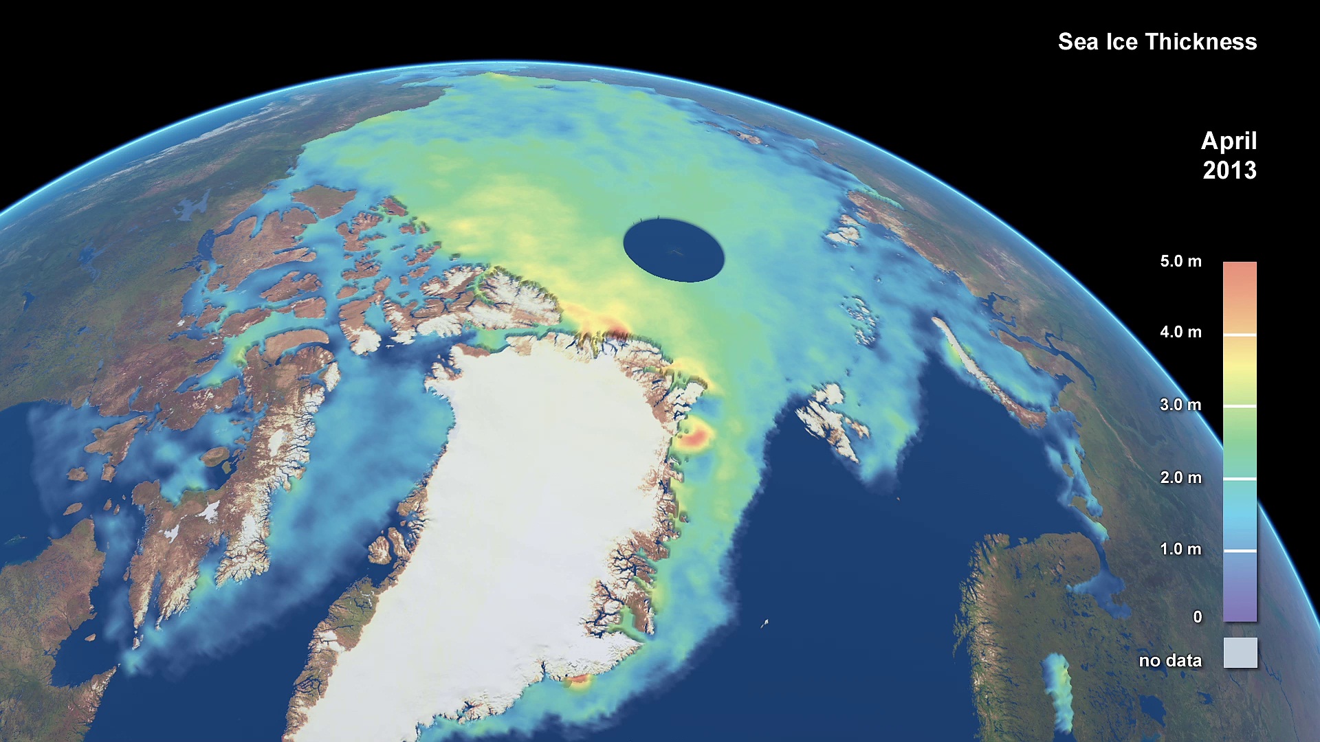 Analyse de l'épaisseur de la banquise en Arctique par le satellite Cryosat, de l'Esa, ici sur une image saisie en avril 2013. L'extension ou la réduction des surfaces de glace de mer, des glaciers et des inlandsis font partie des instruments permettant de suivre l'évolution du climat. © Planetary Visions/CPOM/UCL/Esa