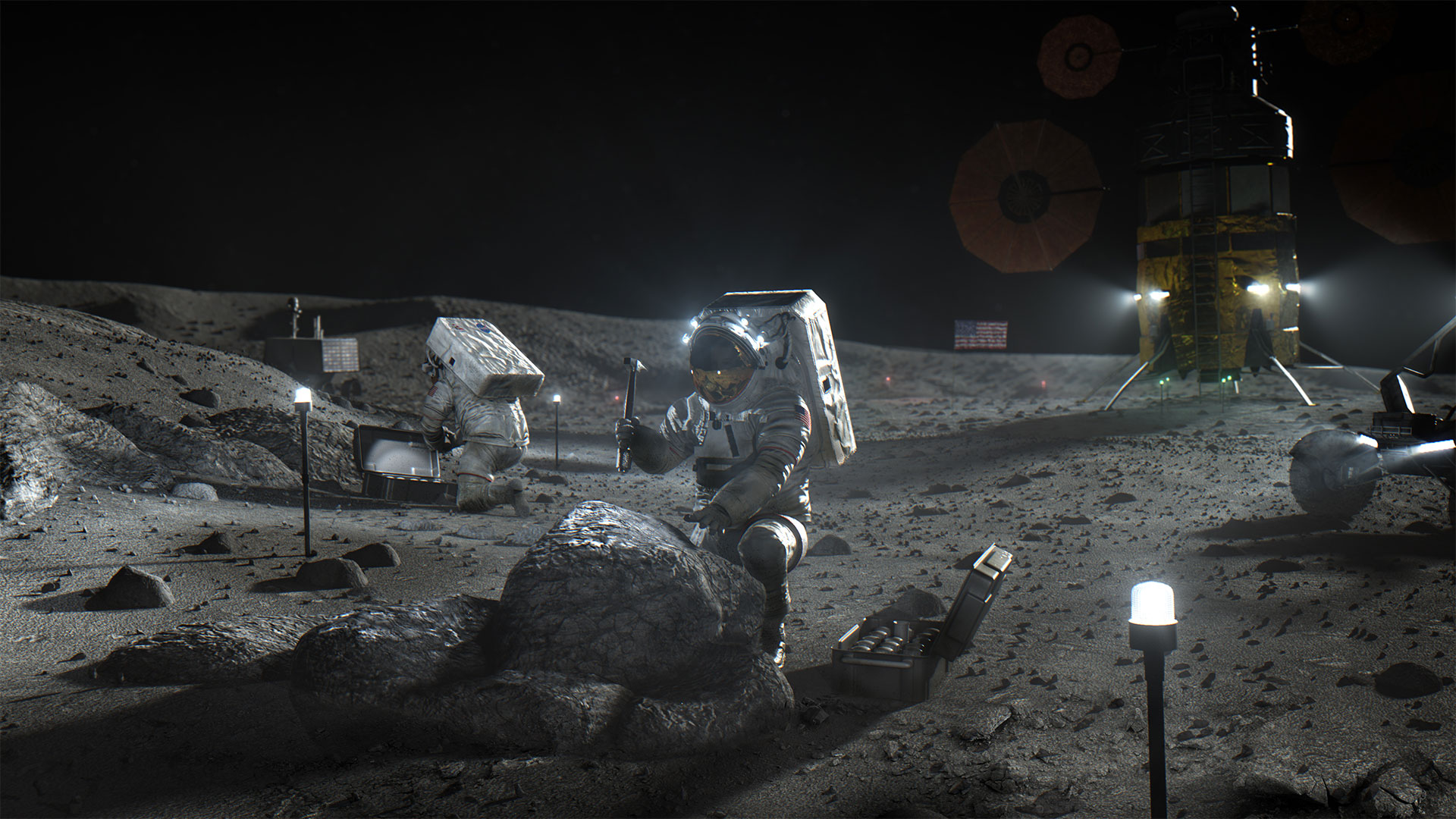 Astronautes de la Nasa vivant et travaillant à la surface de la Lune lors de la mission Artemis III. © Nasa