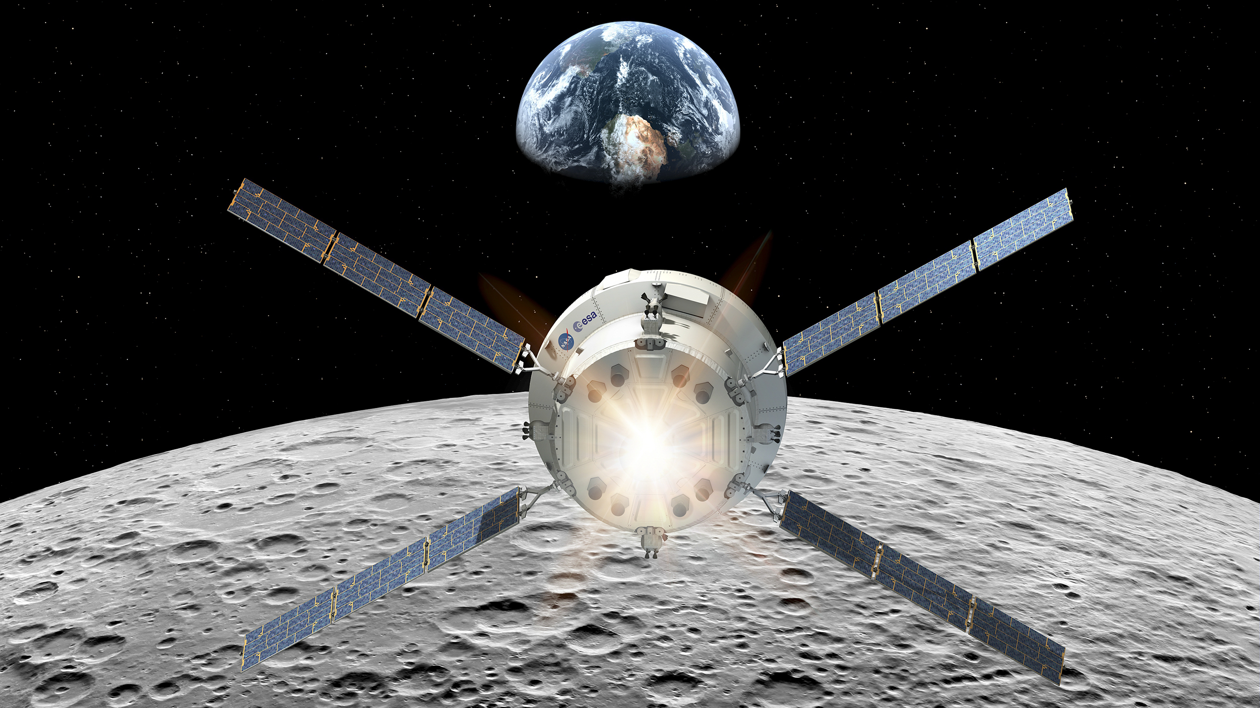 Vue d'artiste du module de service de l'Agence spatiale européenne équipera le véhicule Orion. Ce module a pour fonction de propulser la capsule Orion, d'assurer son contrôle thermique et de lui fournir la puissance électrique nécessaire à son bon fonctionnement, en plus de stocker les réserves d'eau, d'oxygène et d'azote. Lors d'Artemis 2, il sera utilisé pour envoyer Orion à destination de la Lune.&nbsp;© ESA, D. Ducros