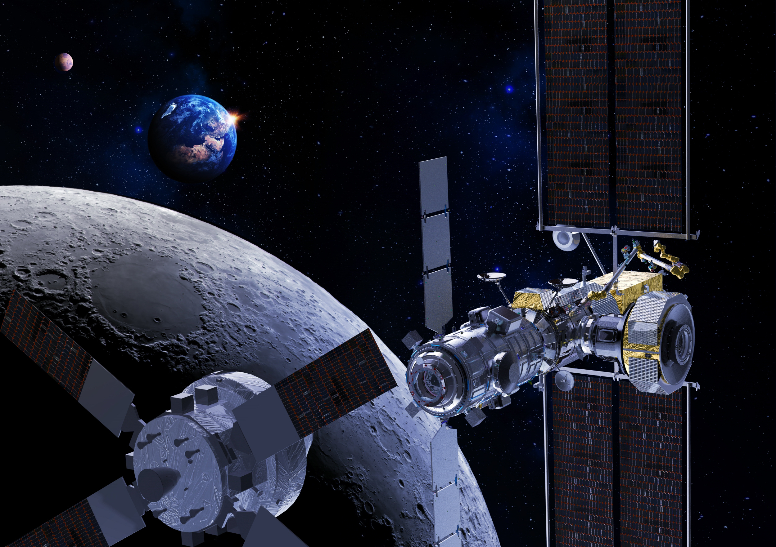 Le programme Artemis de la Nasa prévoit un retour sur la Lune, un station spatiale à proximité de la Lune et les véhicules spatiaux pour la desservir et débarquer sur la Lune. © Thales Alenia Space, Briot
