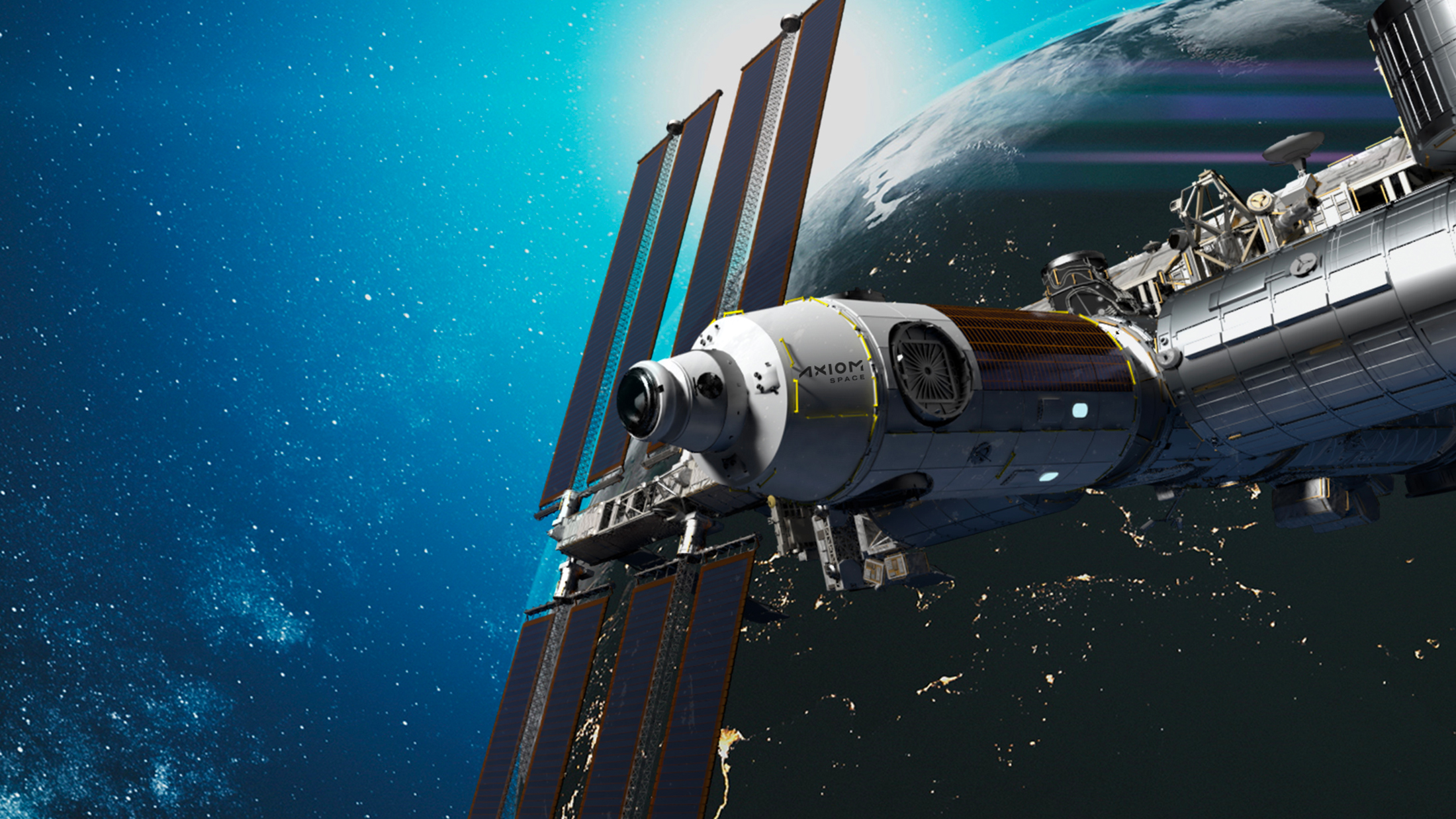 Vue d'artiste d'une partie de la station spatiale d'Axiom, dont les modules sont construits par Thales Alenia Space. © Axiom Space