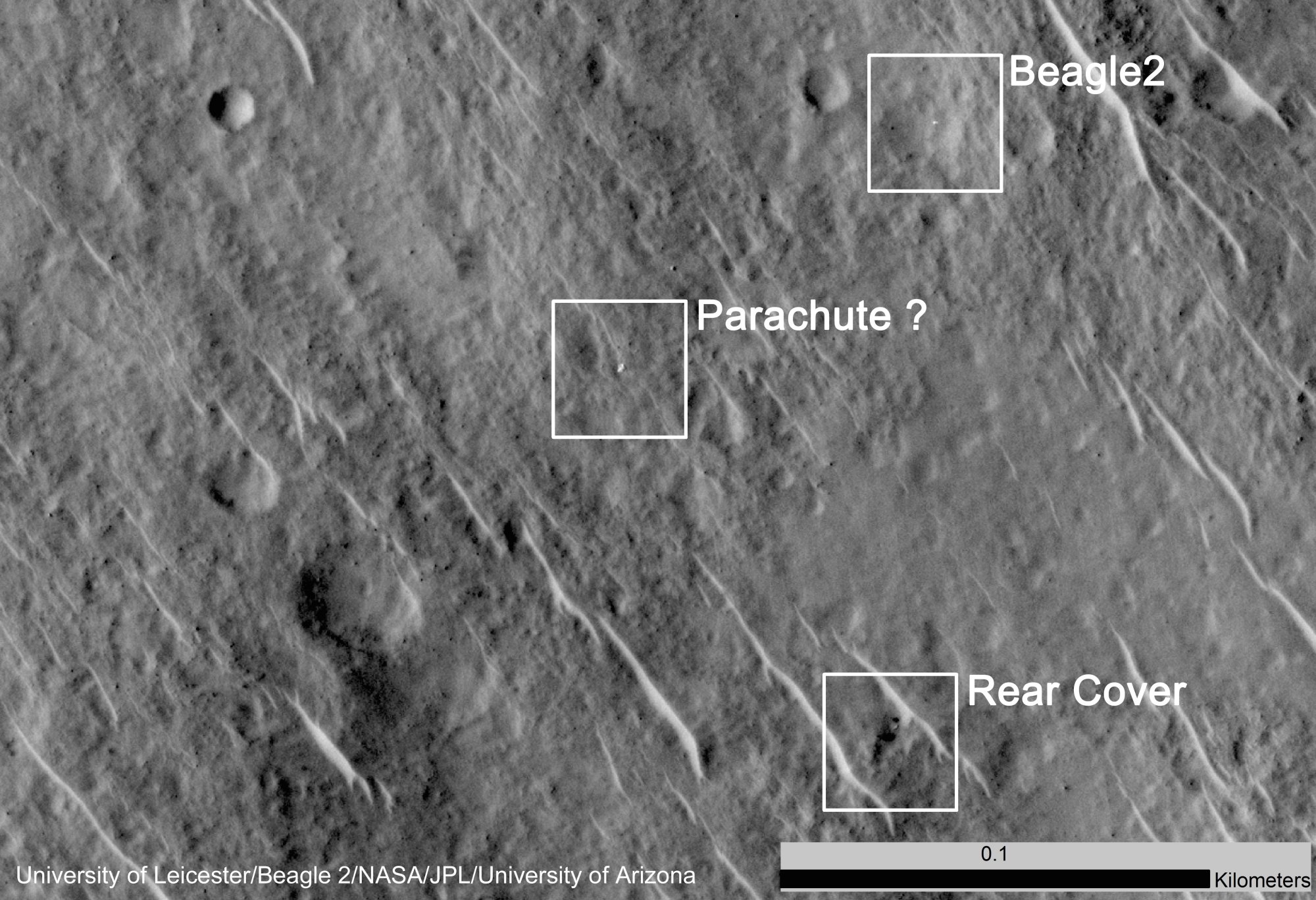  L'image saisie par HiRise. La forme blanche, à gauche, pourrait être le parachute. Vers le bas, on distingue sans doute le bouclier arrière&nbsp;(Rear cover) et, en haut, Beagle 2 lui-même. © University of Leicester/ Beagle 2/Nasa/JPL/University of Arizona