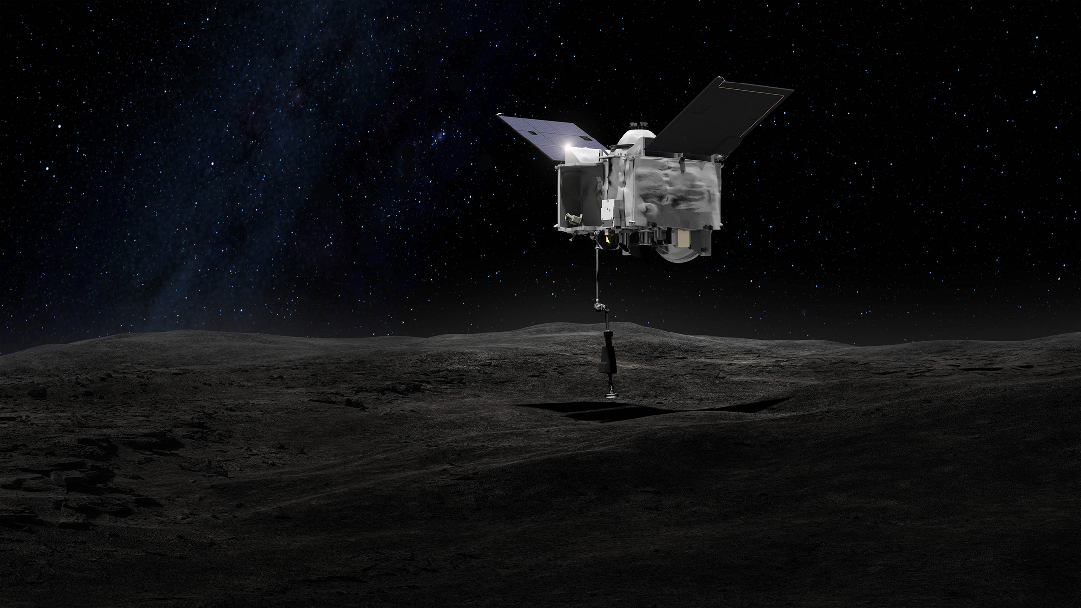 La manoeuvre "touch and go" qui doit permettre à la sonde OSIRIS-REx de récupérer jusqu'à deux kilogrammes de matière de l'astéroïde Bennu. © Nasa, Centre spatial Goddard