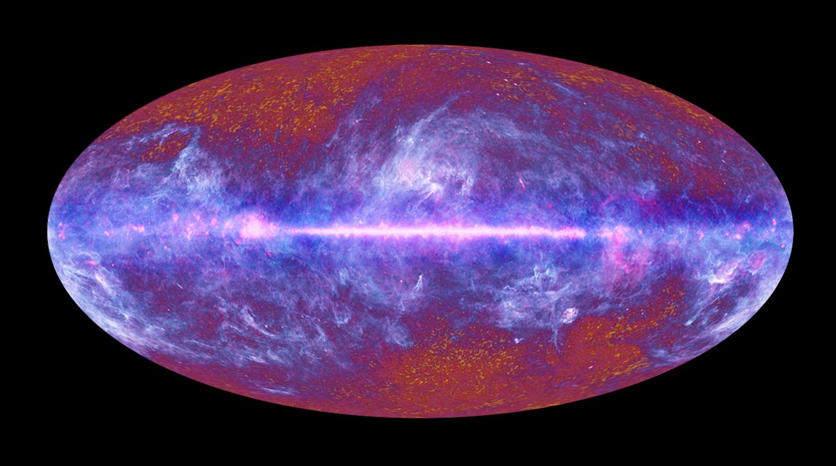 L'ensemble de la voûte céleste vu par l'œil de Planck, c'est-à-dire dans des longueurs d'onde comprises entre l'infrarouge et les ondes radio, autrement dit les micro-ondes. C'est la première lumière émise par l'univers, dans laquelle les astrophysiciens peuvent lire, à condition de la déchiffrer, la jeunesse tumultueuse du monde observable. © Esa/HFI/Consortium LFI
