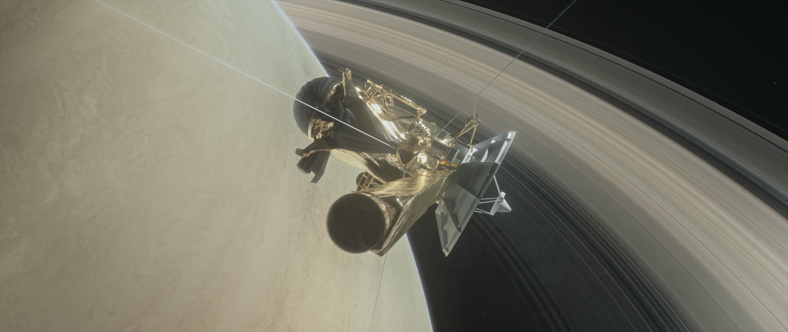 Illustration de Cassini se faufilant entre Saturne et ses anneaux. Les 22 passages programmés promettent des vues sidérantes de la planète gazeuse. © Nasa, JPL-Caltech