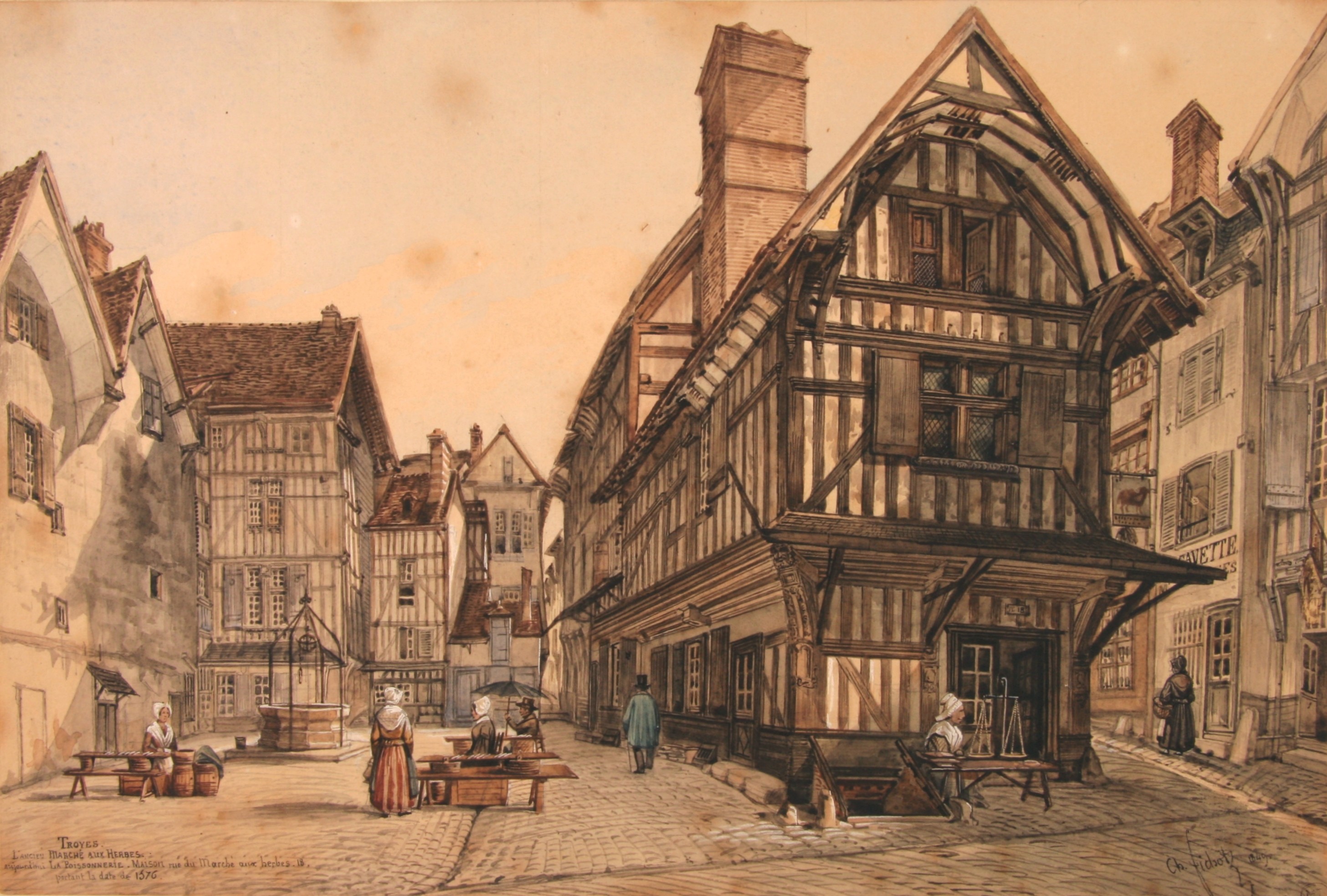 Tableau de Charles Fichot de l’ancien marché aux herbes à Troyes, en Champagne. © DP