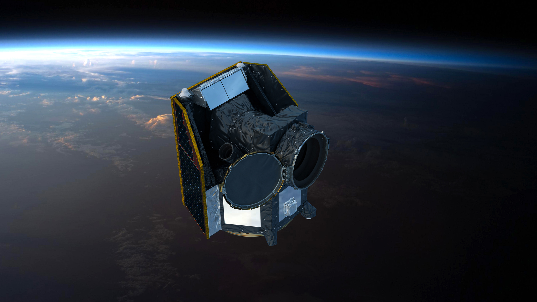 Vue d'artiste du satellite Cheops, avec son baffle ouvert. © ESA, ATG medialab