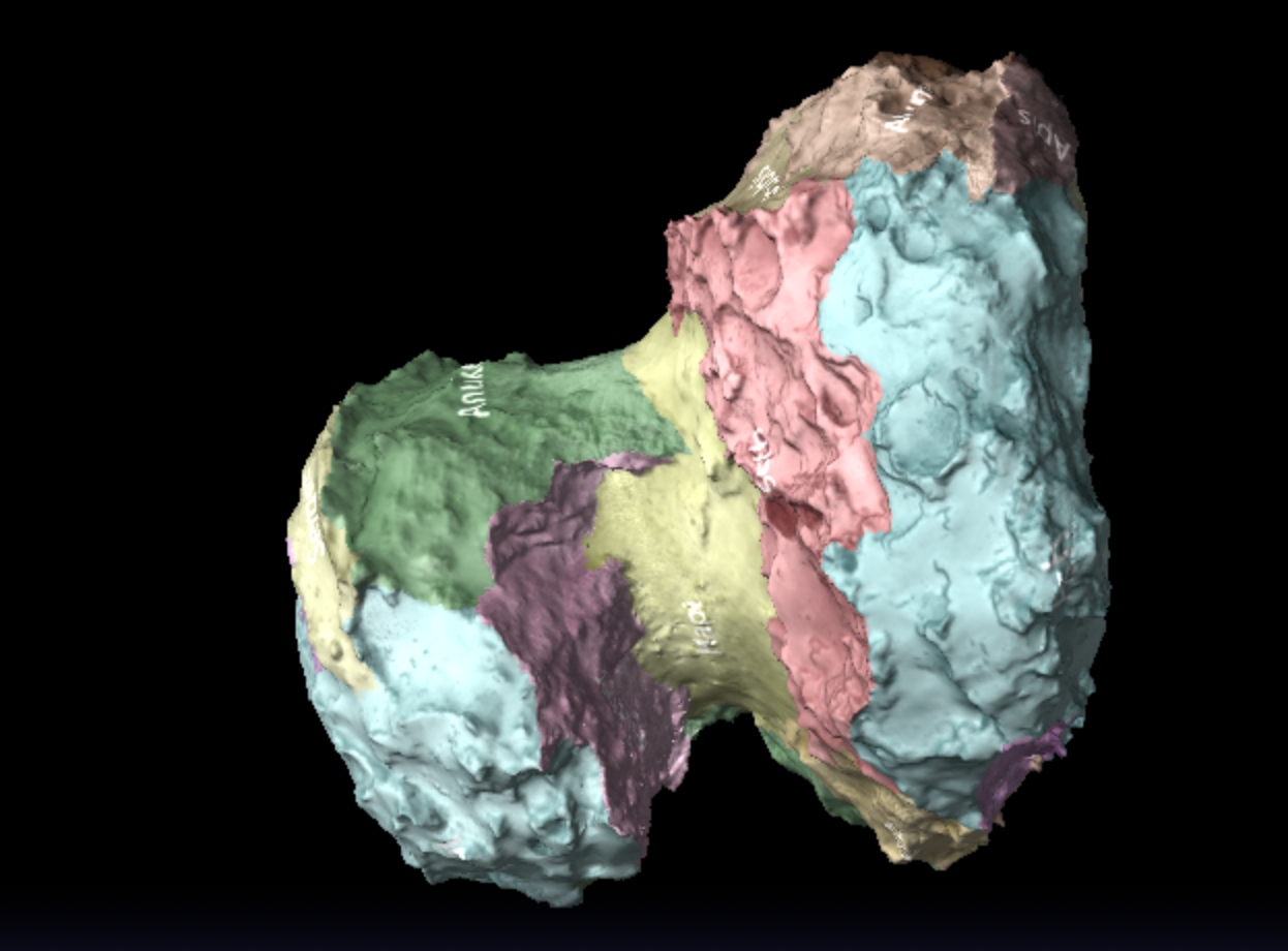 La comète 67P/Churyumov–Gerasimenko, sur laquelle se trouve quelque part le petit atterrisseur Philae, observée par la sonde Rosetta. L'image vient de la modélisation interactive 3D visible sur la page Rosetta du site de l'Agence spatiale européenne. © Esa