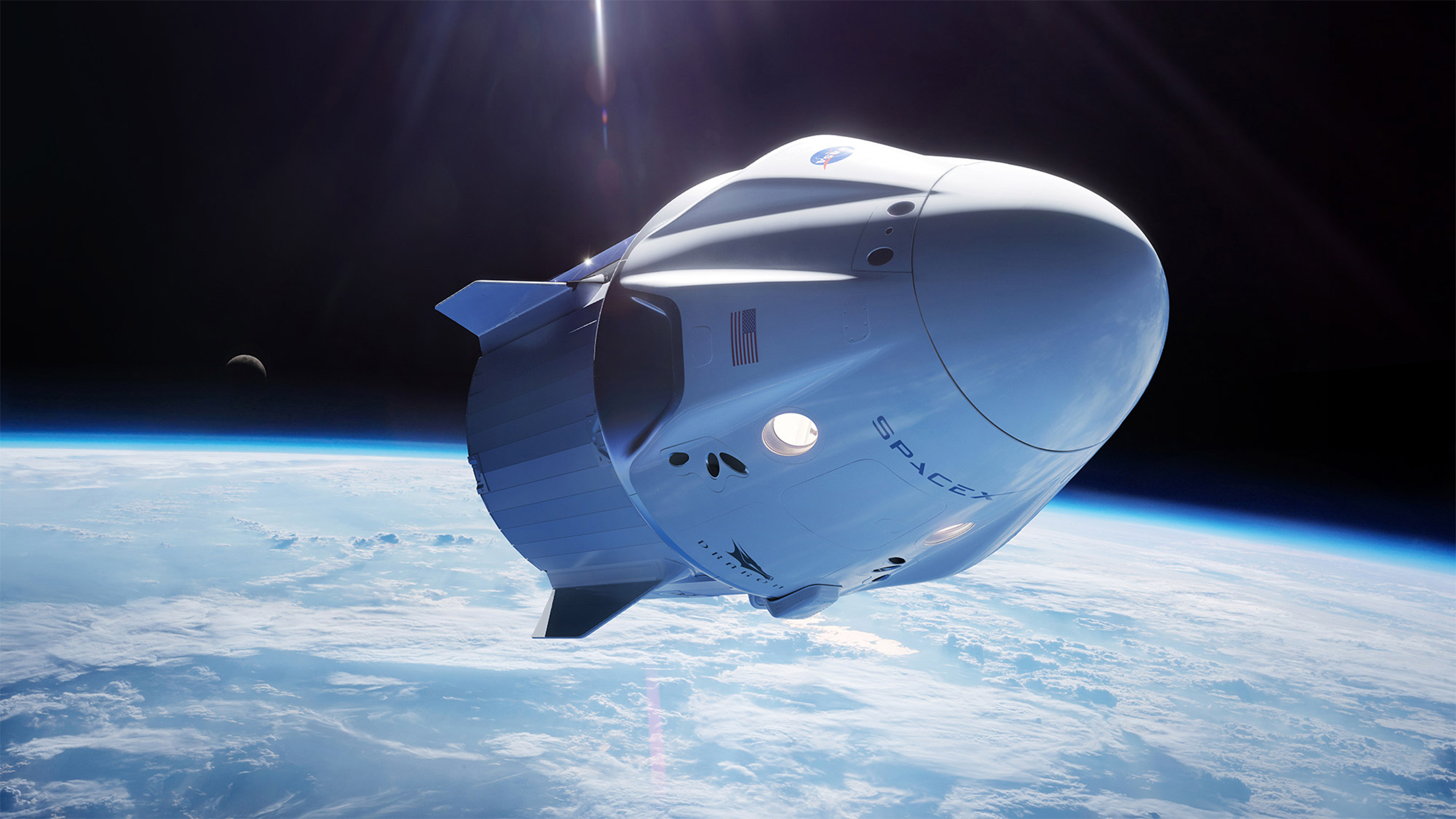 Vue d'artiste de la capsule Crew Dragon de SpaceX. © SpaceX