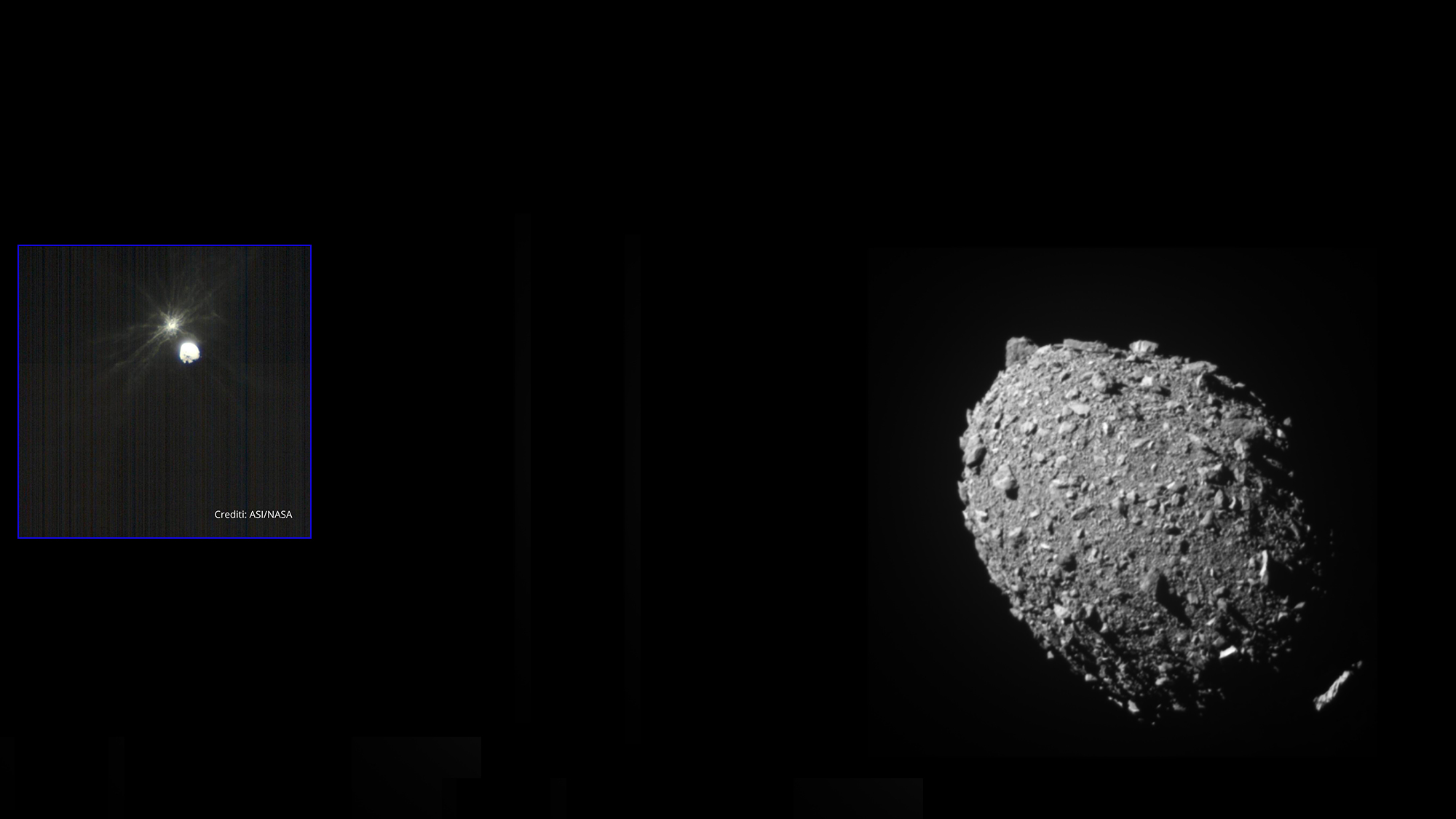 Dimorphos, 11 secondes avec l'impact de la sonde Dart à sa surface. L'image de gauche montre les effets de l'impact de Dart contre l'astéroïde.&nbsp;© Nasa, Johns Hopkins APL