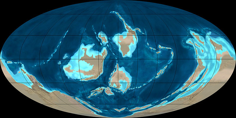 Position des terres émergées du globe durant l'Ordovicien supérieur, voici 450 millions d'années. Des masses continentales s'étaient rejointes au sud et formaient le supercontinent Gondwana. © Ron Blakey, NAU Geology, Wikimedia Commons, cc by sa 3.0