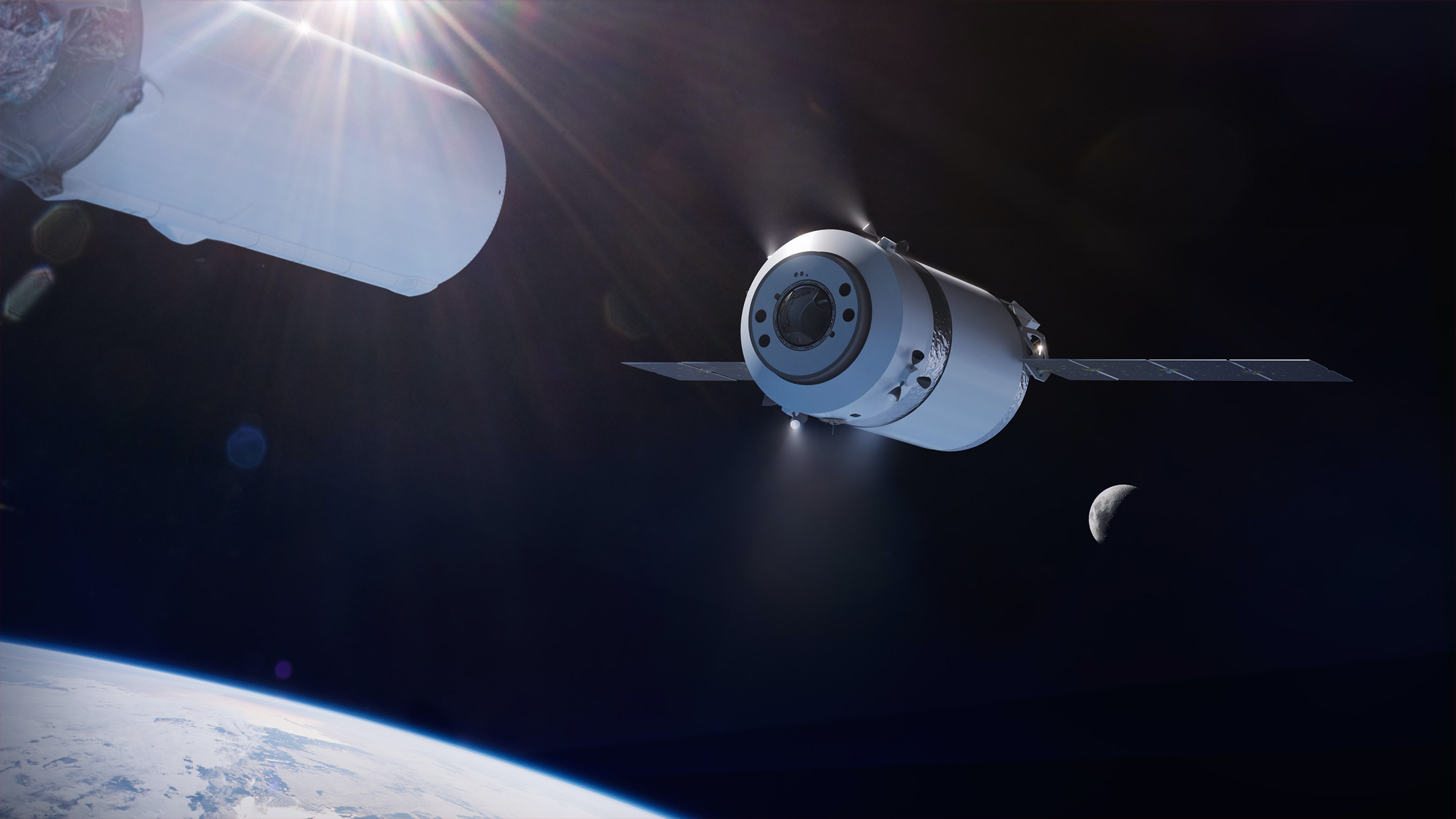 Vue d'artiste du cargo lunaire de SpaceX (Dragon XL), dérivé des capsules Dragon de transport de fret. © SpaceX
