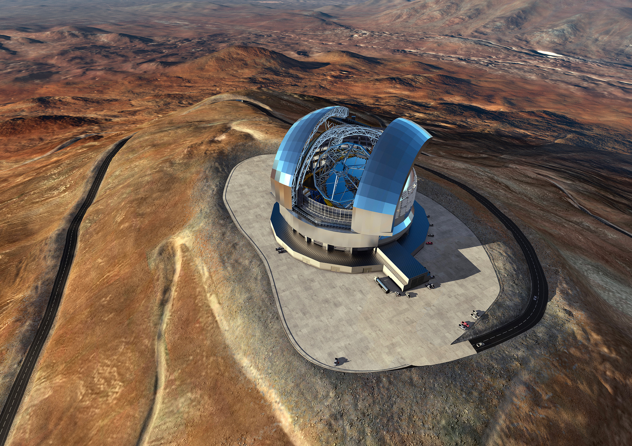 Vue d'artiste du télescope géant de l'ESO (E-ELT), dont la construction a débuté au Chili. Cette observatoire, doté d'un miroir primaire de 39 mètres, sera installé au sommet du Cerro Armazones. Sa mise en service et ses premières lumières sont prévues en 2026. © ESO / L. Calçada / ACe Consortium