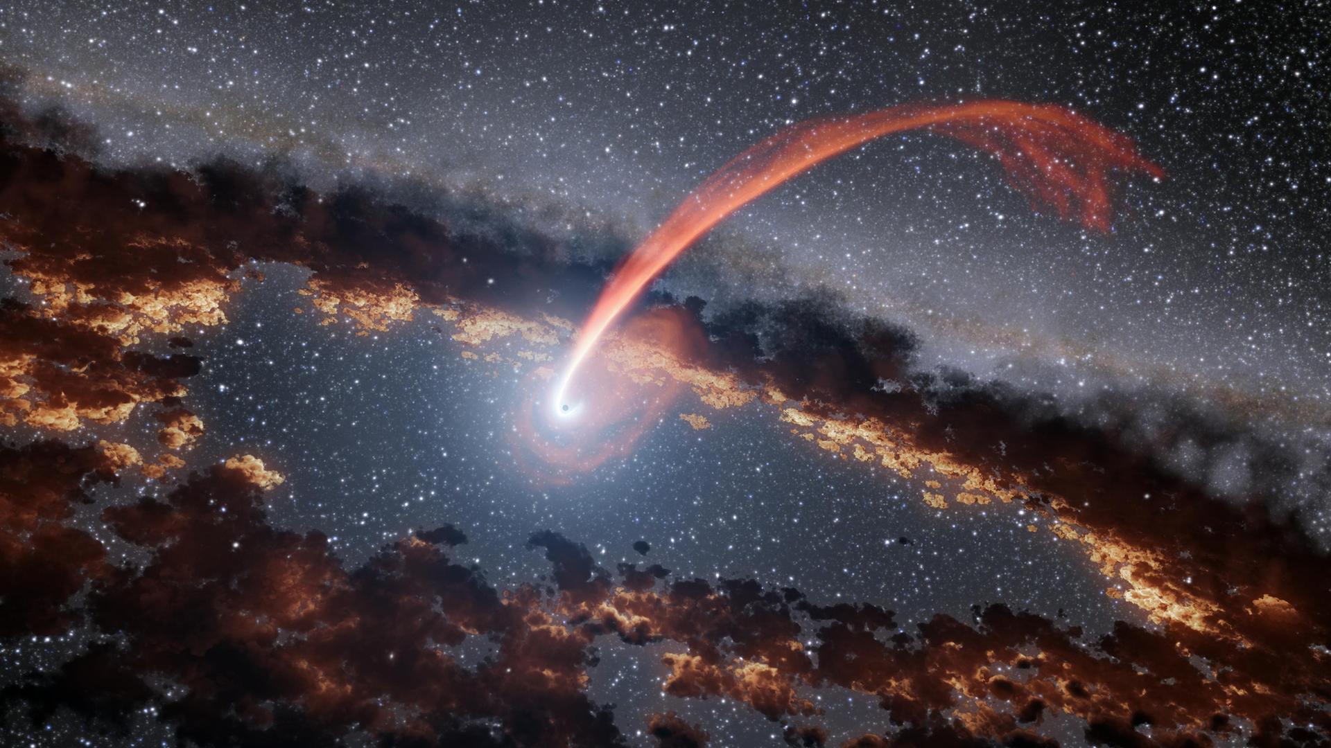 Cette illustration montre un flux lumineux de matière provenant d'une étoile en train d'être absorbée par un trou noir supermassif. Lorsqu'une étoile passe à une certaine distance d'un trou noir – suffisamment près pour être perturbée gravitationnellement –, la matière stellaire s'étire et se comprime en tombant dans le trou noir. © Nasa, JPL-Caltech
