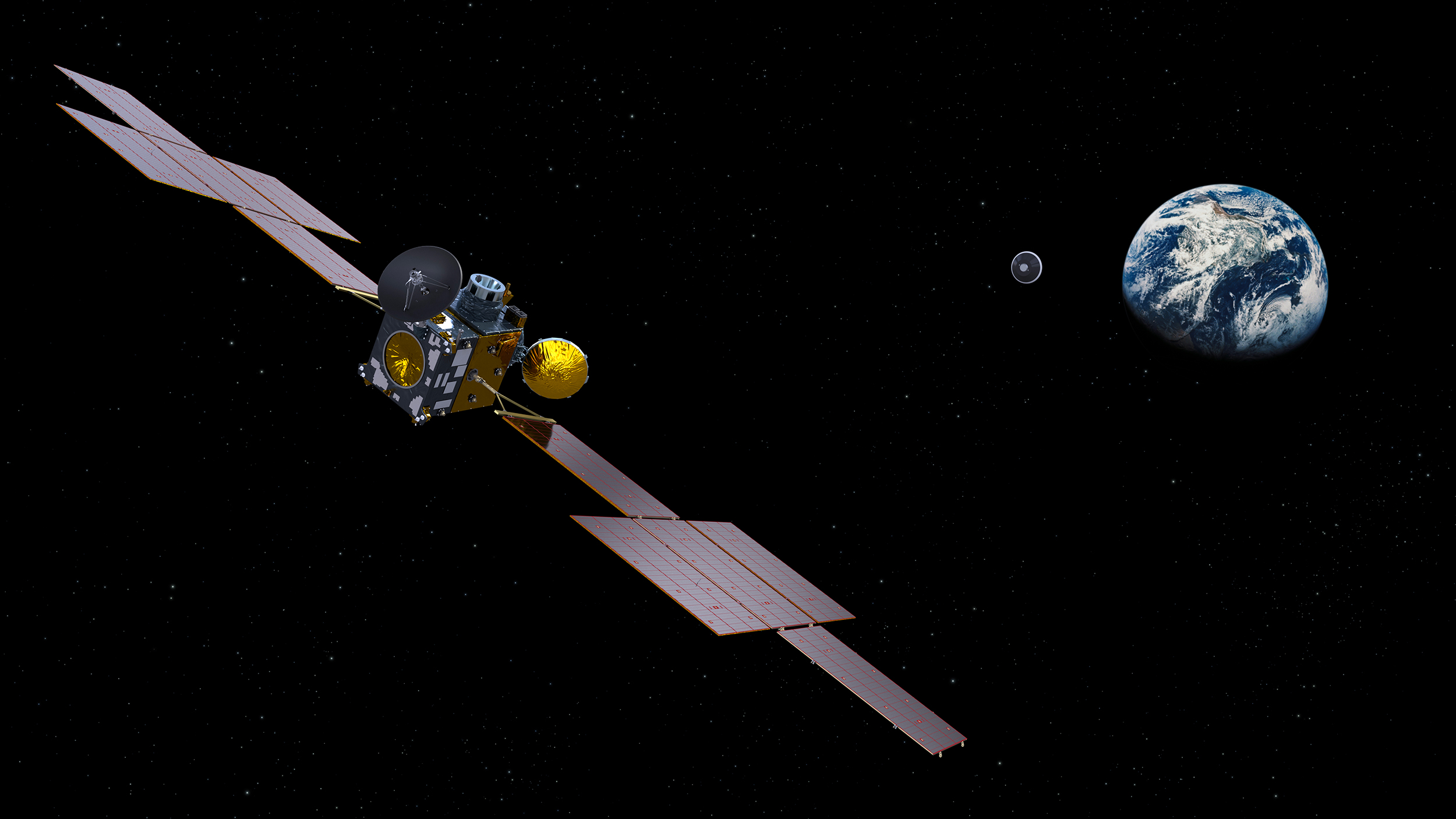 ERO (Earth Return Orbiter), le satellite de capture et de retour, de retour de Mars, larguant la capsule abritant les échantillons martiens. Notez l'absence du module d'insertion en orbite (IOM), laissé en orbite martienne. ERO sera réalisé par Airbus et le module OIM par Thales Alenia Space sous la maîtrise d'œuvre d'Airbus. © ESA, ATG-Medialab
