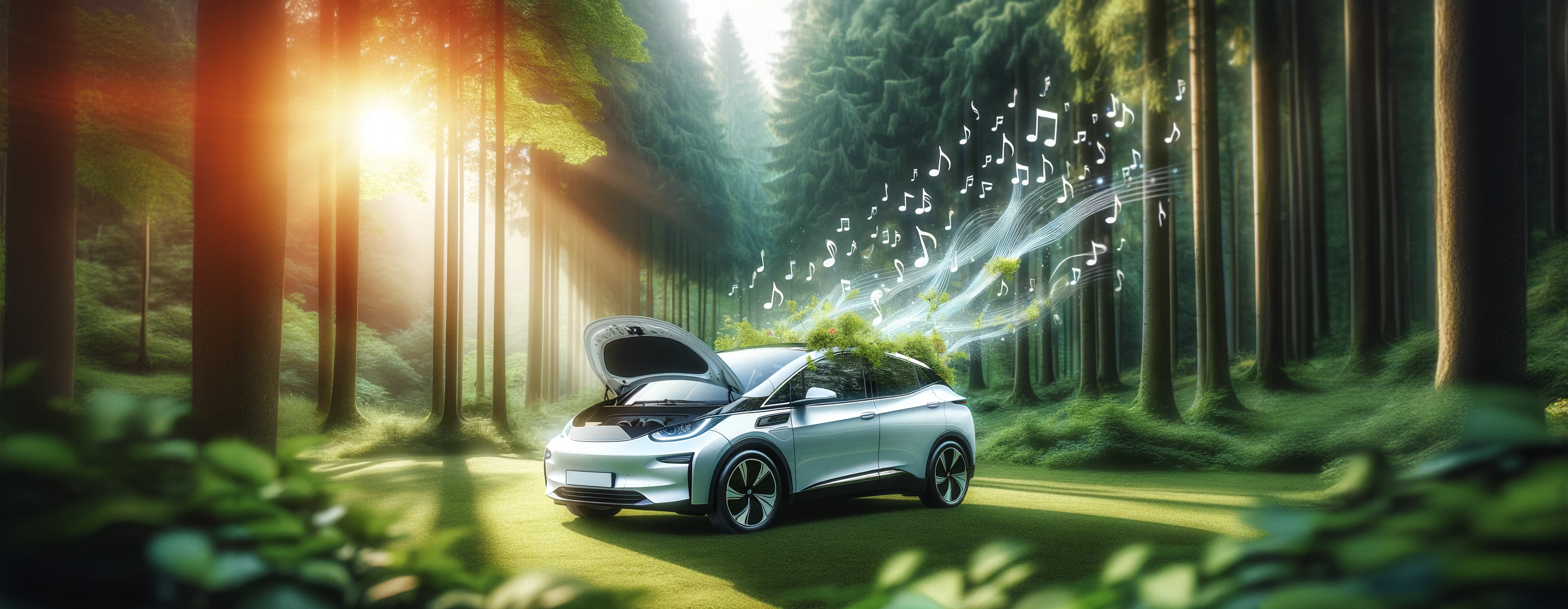 Une voiture électrique dans une forêt paisible. Son toit est couvert de végétation et en émanent des notes de musiques qui s'envolent en volutes. © DALL·E, Futura   