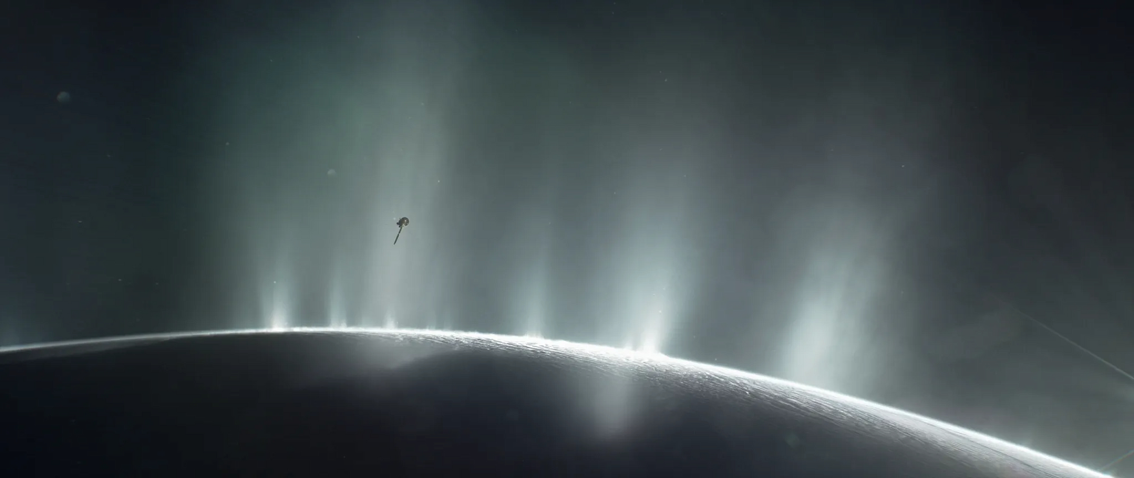 De spectaculaires geysers éjectent de la glace et de la vapeur d’eau près du pôle Sud d'Encelade, lune glacée de Saturne. © Nasa, JPL-Caltech, Space Science Institute