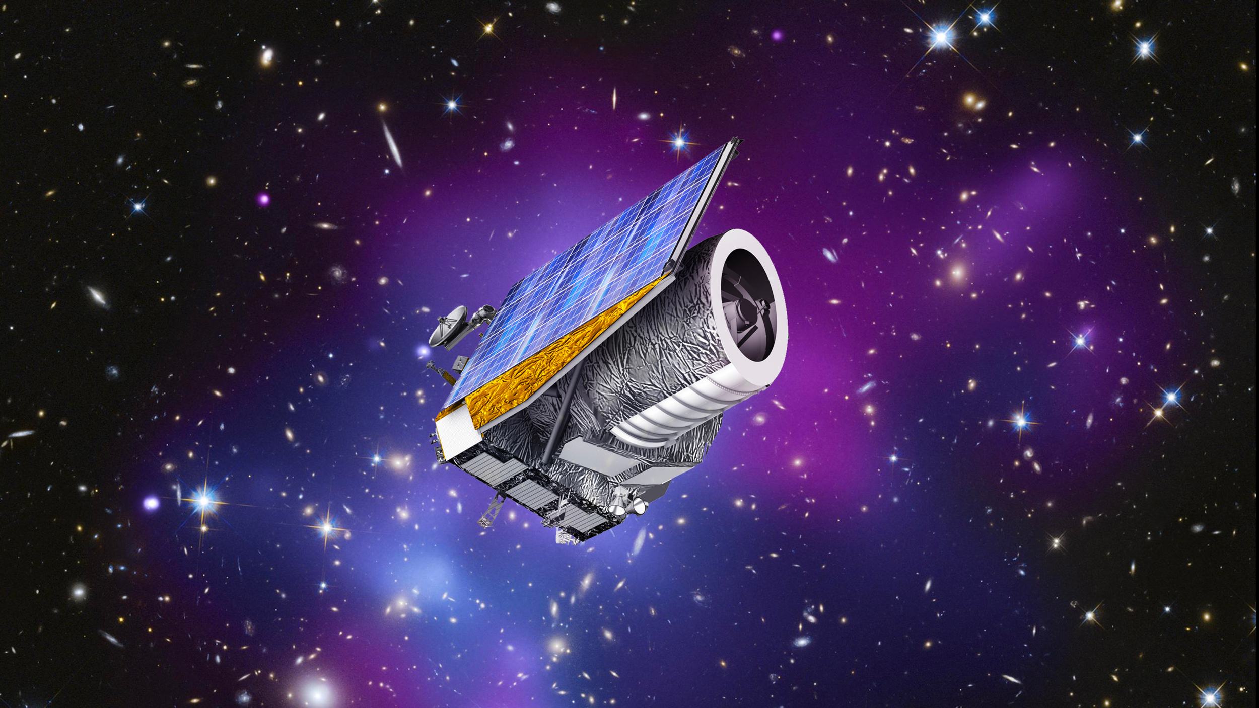 Photomontage du télescope spatial Euclid sur un fond d'amas de galaxies où la distribution de la matière noire a été inférée. © ESA, C. Carreau