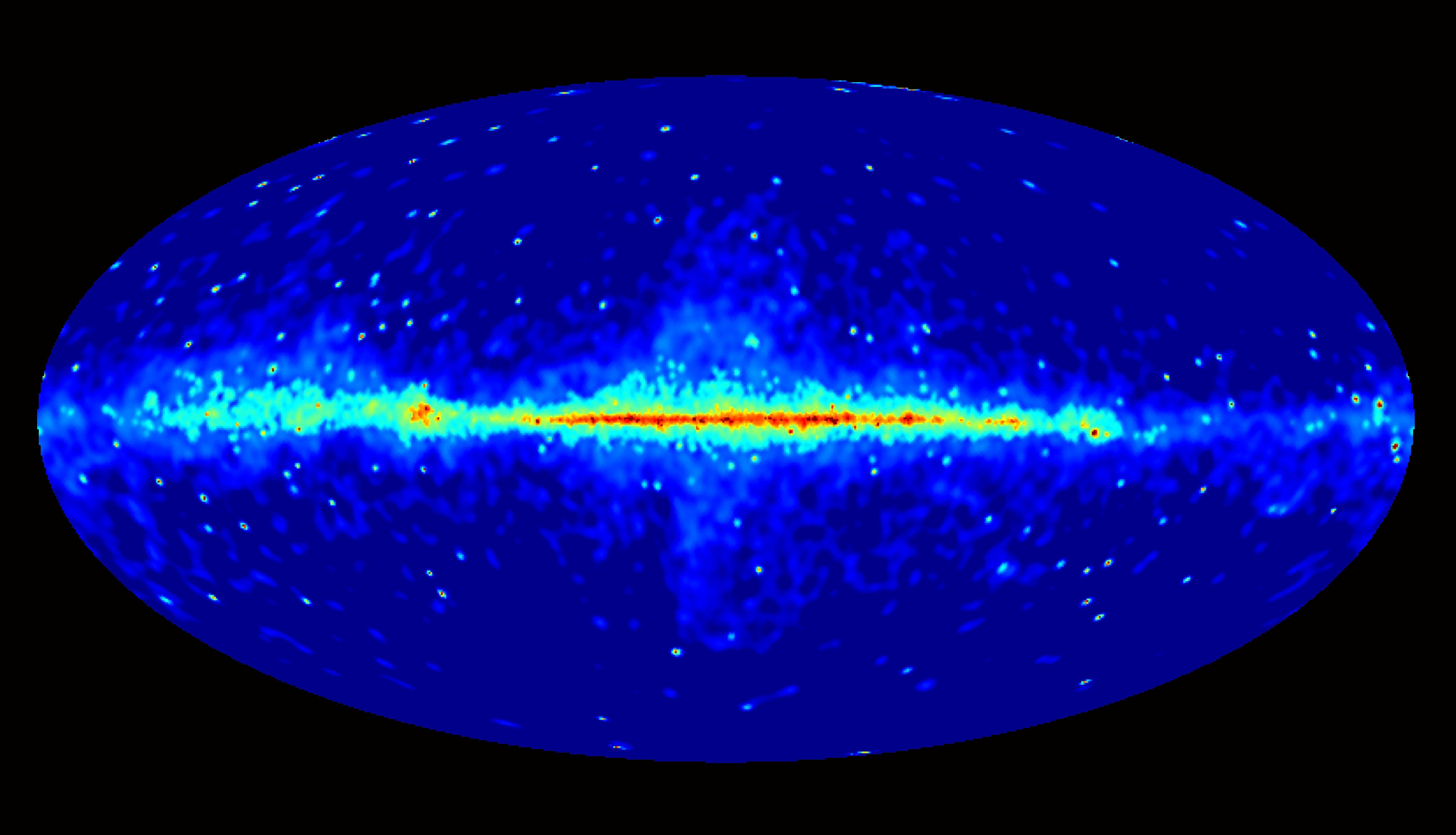 Une carte du rayonnement gamma obtenue par le Fermi Gaama-ray Space Telescope. On y distingue la structure des bulles de Fermi. © Nasa/DOE/Fermi LAT Collaboration