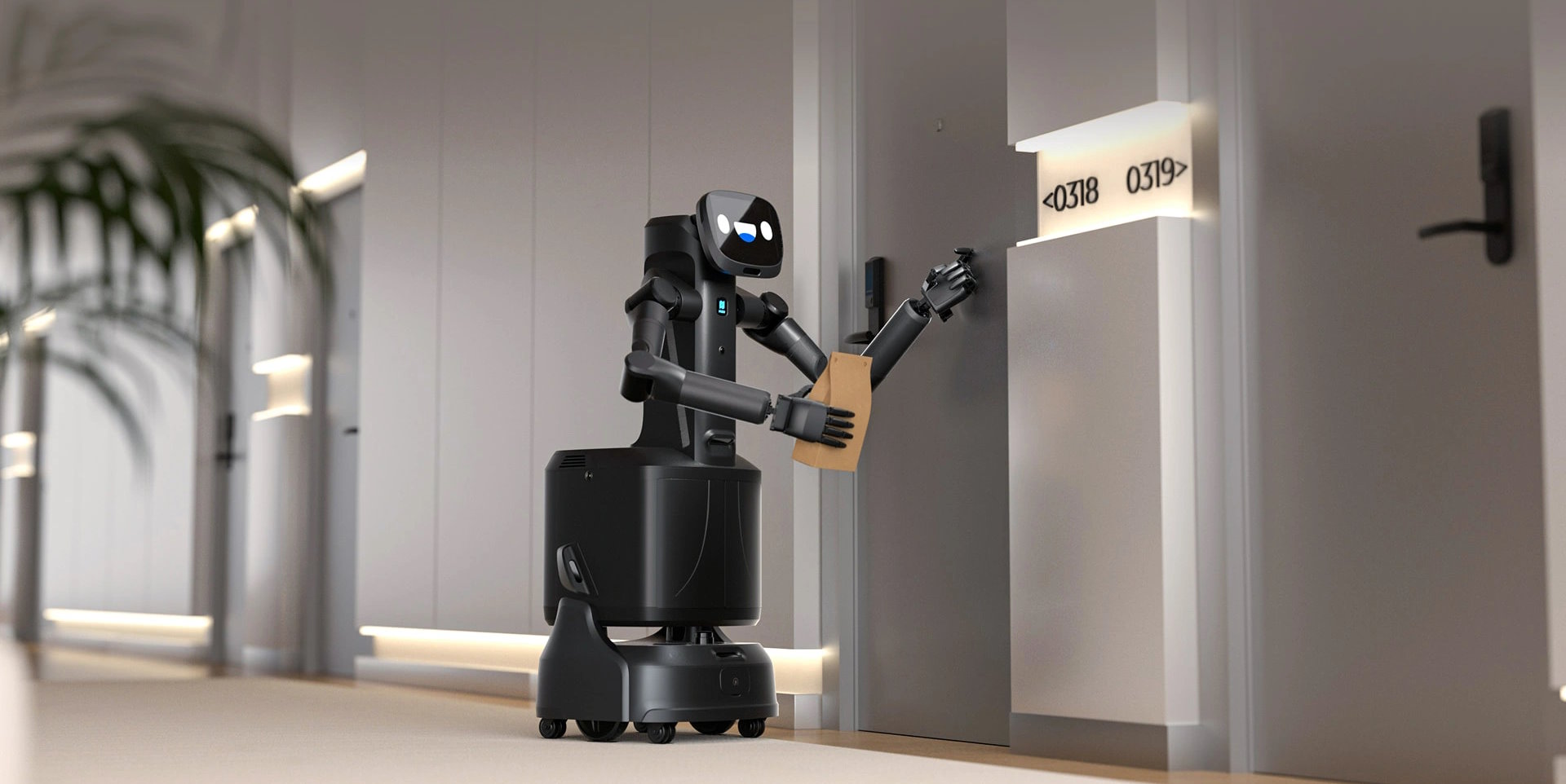 Le robot FlashBot Arm livre un paquet dans un hôtel. © Pudu Robotics