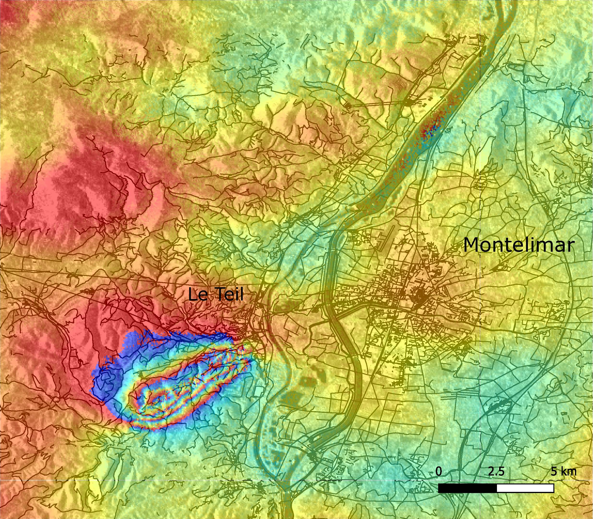 Les scientifiques ont pu identifier à partir des données de Sentinel-1 acquises entre le 6 et le 12 novembre, la faille à l’origine du séisme de magnitude 5 qui a secoué la région Auvergne-Rhône-Alpes le 11 novembre. © Copernicus Sentinel data (2019), BRGM