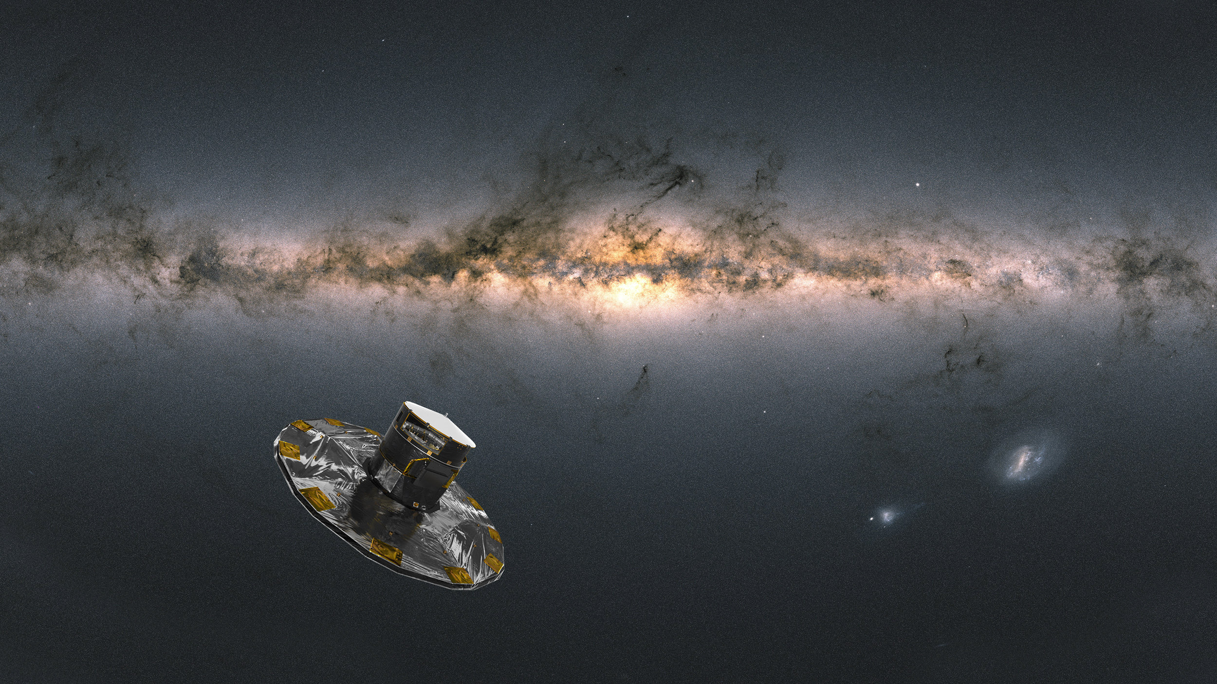 Le satellite Gaia observant et mesurant les objets de la Voie lactée. À droite, les galaxies du petit et grand nuage de Magellan. © satellite : ESA/ATG medialab &amp; Voie lactée : ESA/Gaia/DPAC ; CC BY-SA 3.0 IGO. Acknowledgement: A. Moitinho.