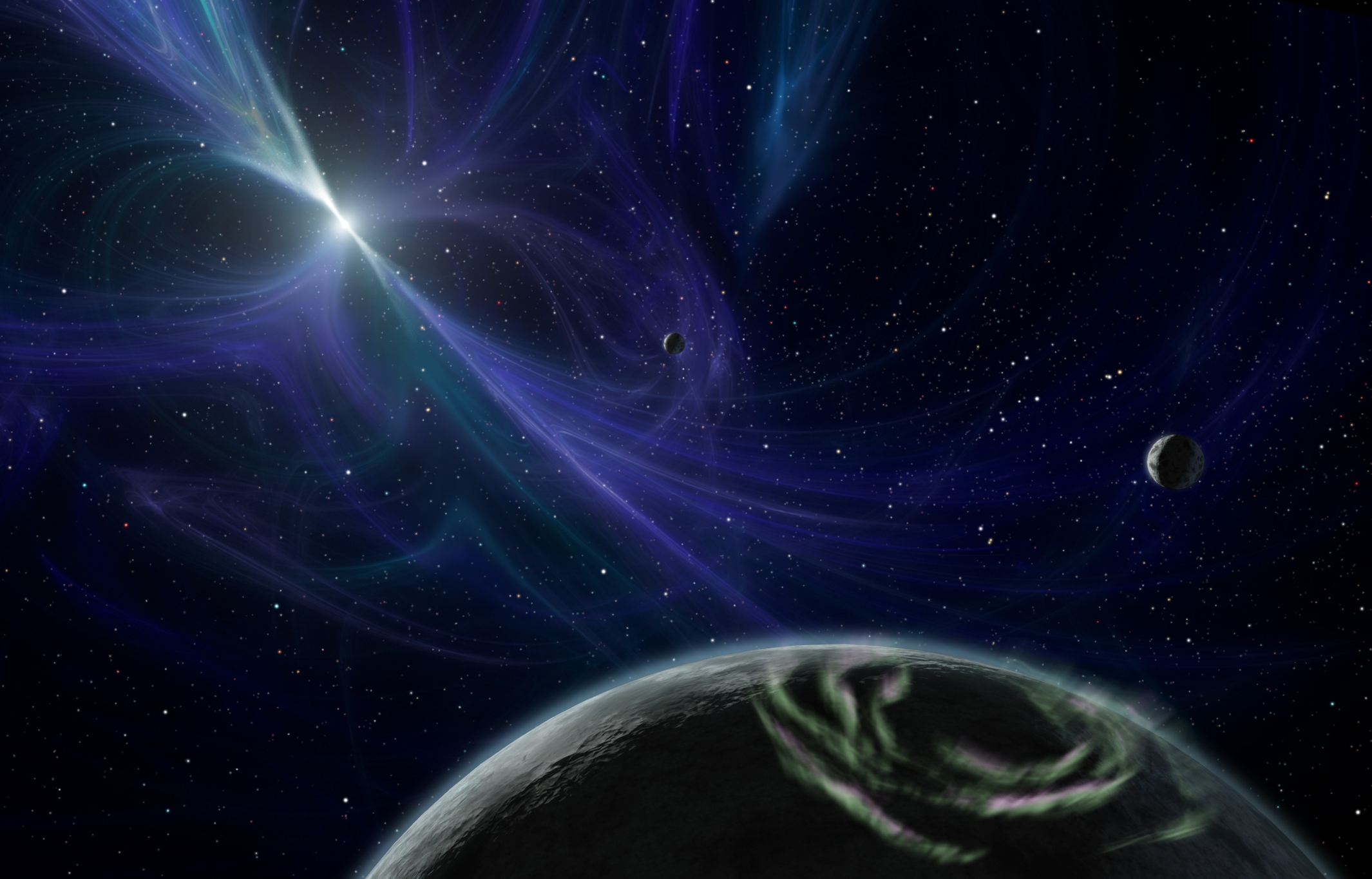 Une vue d'artiste des trois exoplanètes, dont deux superterres, autour du pulsar PSR B1257+12. © Nasa