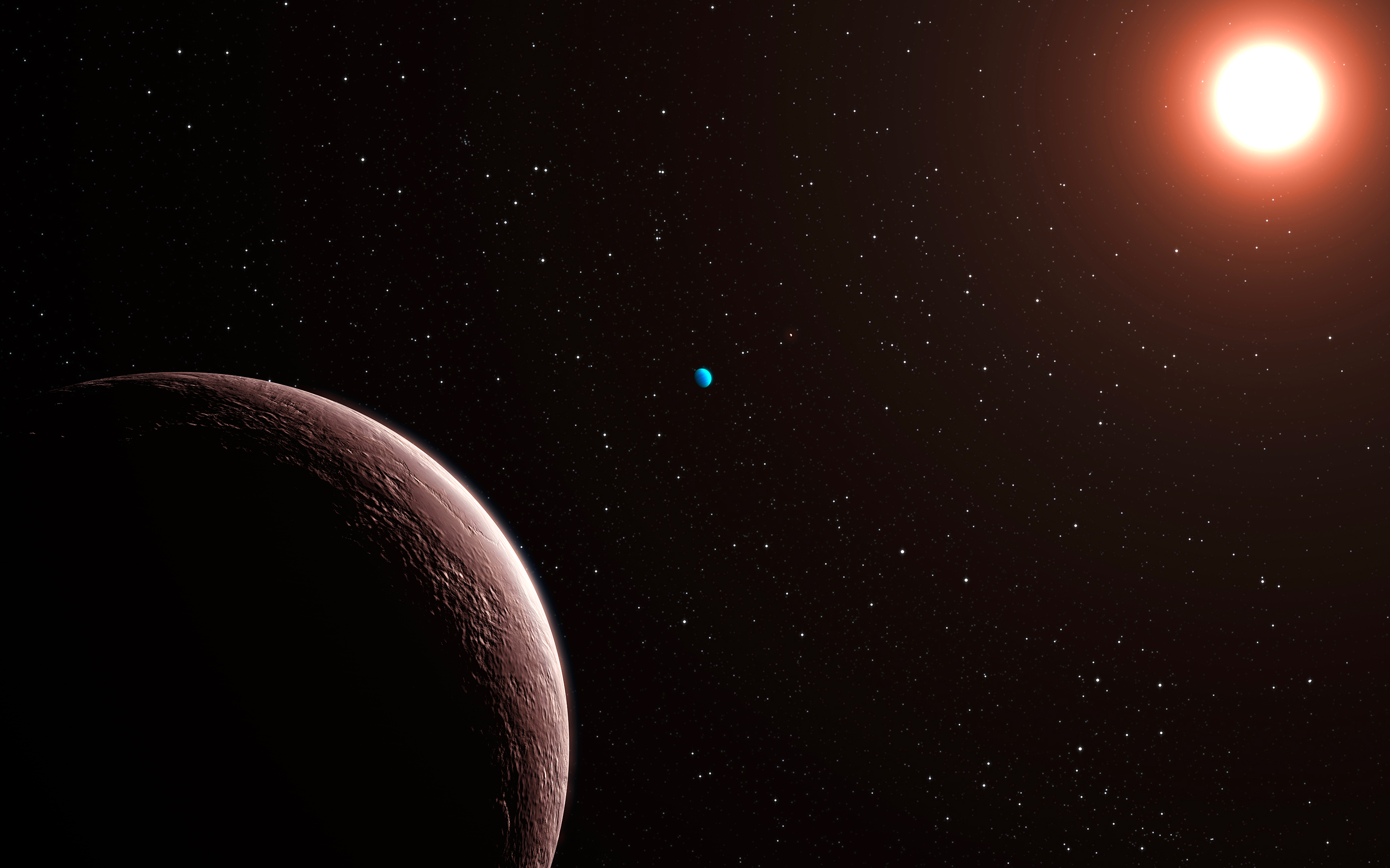 Vue d'artiste du système planétaire Gliese 581 qui a&nbsp;la particularité d'abriter l'exoplanète&nbsp;la plus légère trouvée à ce jour (2009).&nbsp;©&nbsp;ESO / L. Calçada