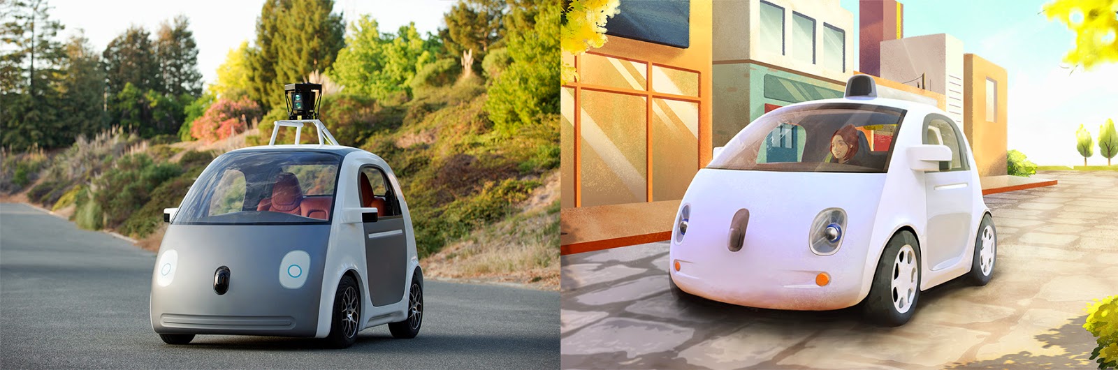 La voiture autonome de Google a été présentée en mai dernier (ici à gauche) mais la forme extérieure n'était qu'une maquette. À droite, un dessin de ce à quoi elle pourrait ressembler. Google ne prévoit ni volant, ni pédales mais la législation imposeront peut-être des commandes pour que le passager puisse redevenir conducteur. © Google