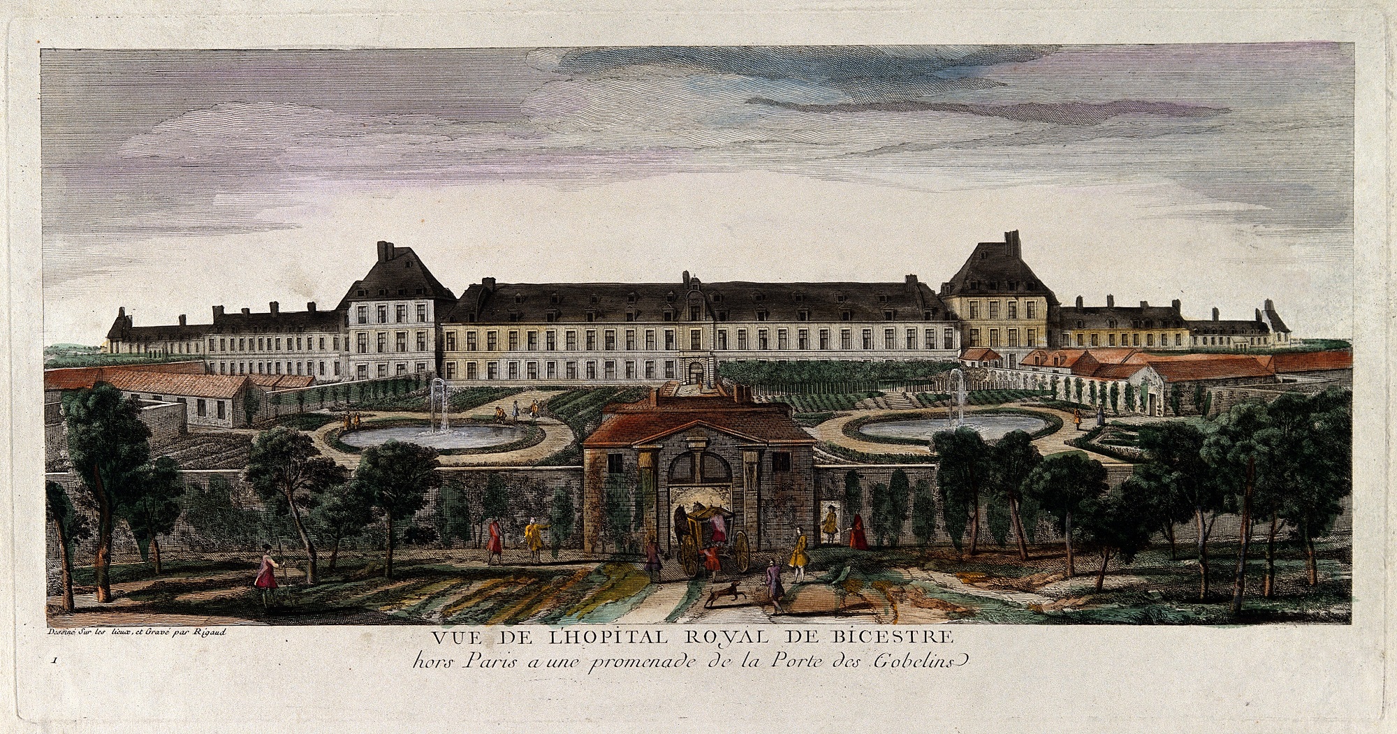 Hôpital royal de Bicêtre, porte des Gobelins à Paris, par Jacques Rigaud, XVIIIe siècle. © Wellcome Collection, Wikimedia Commons, domaine public