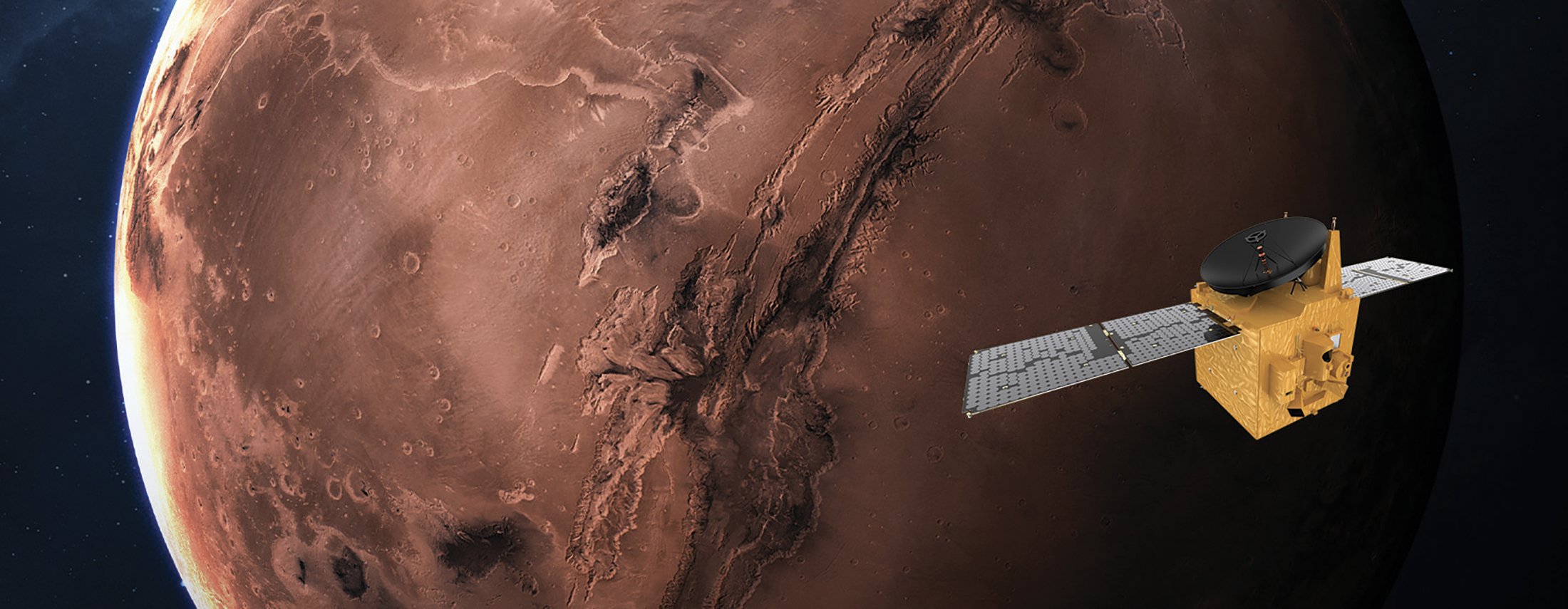 La sonde Hope&nbsp;des Émirats arabes unis, dans le cadre de la mission&nbsp;EMM (Emirates Mars&nbsp;Mission)&nbsp;réalisera une mission de climatologie martienne inédite. © MBRSC