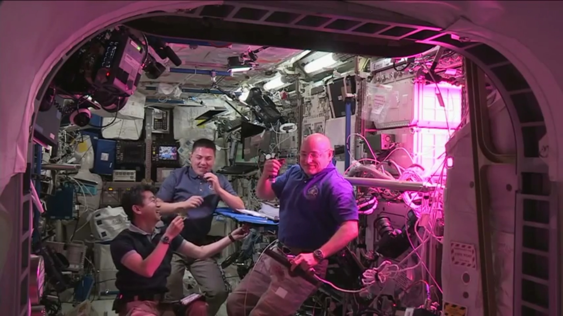 Kimiya Yui, Kjell Lindgren et Scott Kelly dégustent une feuille de laitue. Un geste pas du tout banal dans l'espace. © Nasa TV