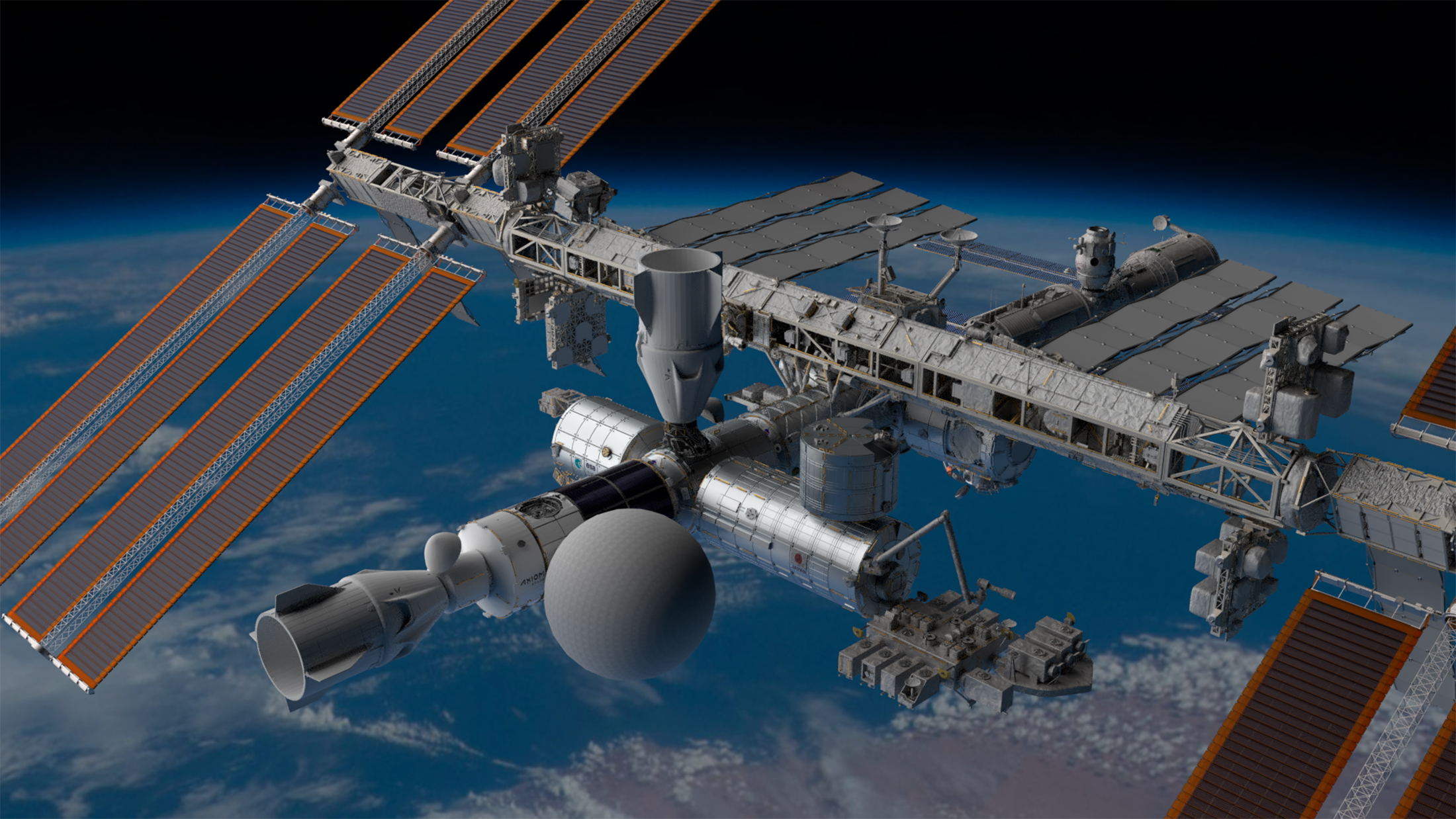Au premier plan, le segment Axiom de la Station spatiale internationale avec le module gonflable SEE-1 (la grosse boule) qui fera office de lieu de divertissement. Le segment Axoim&nbsp;pourrait compter jusqu'à 6 modules et une coupole d'observation de la Terre. Les deux premiers modules de ce segment, le nœud de jonction Node 1 (AxN1) et le module d'habitation (AxH), seront réalisés par Thales Alenia Space.&nbsp;© Space Entertainment Enterprise