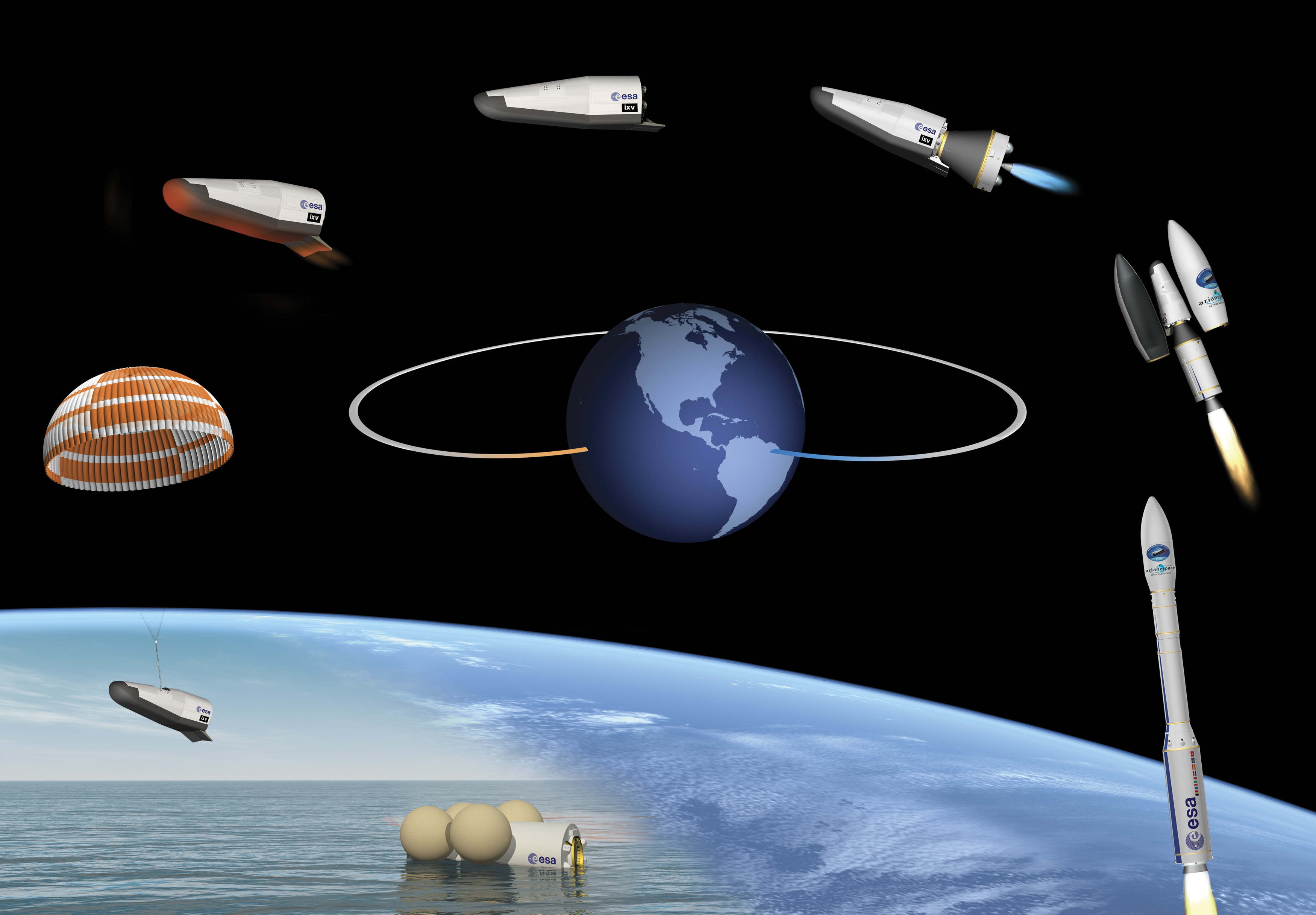 Le vol suborbital du IXV : après le lancement par une fusée Vega depuis Kourou, l'engin sans ailes mais à corps portant descendra en phase pilotée au-dessus de l'océan Pacifique avant le déploiement du parachute. © ESA–J. Huart, 2014
