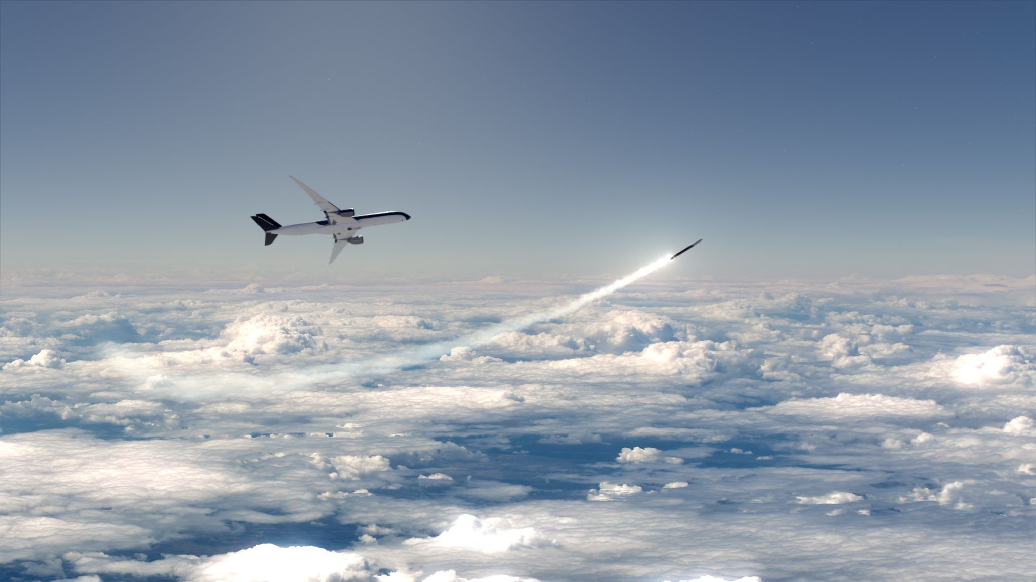 Vue d'artiste du largage d'Interceptor par avion. La petite fusée mettra en orbite le véhicule de capture du satellite ennemi dans le cadre du projet Salazar. © Dark