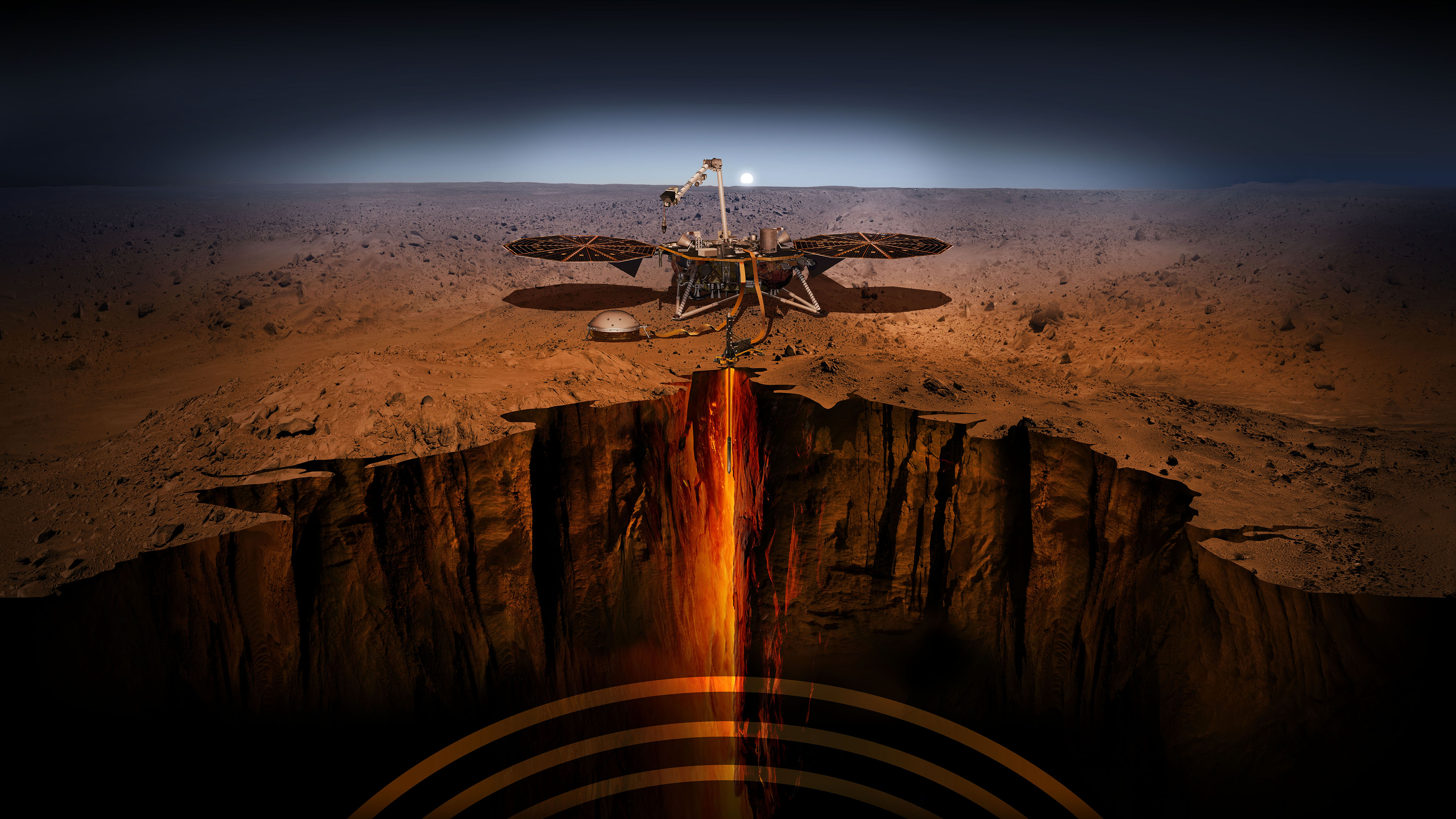Illustration d’InSight étudiant l’intérieur de Mars. © Nasa, JPL