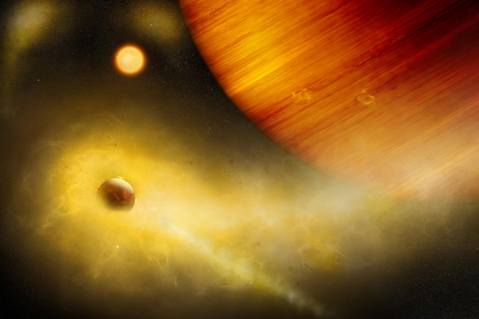 Une vue d'artiste de l'exo-Io présumée autour d'une Jupiter chaude et avec ses émissions d'ions sodium et potassium. © University of Bern, Thibaut Roger